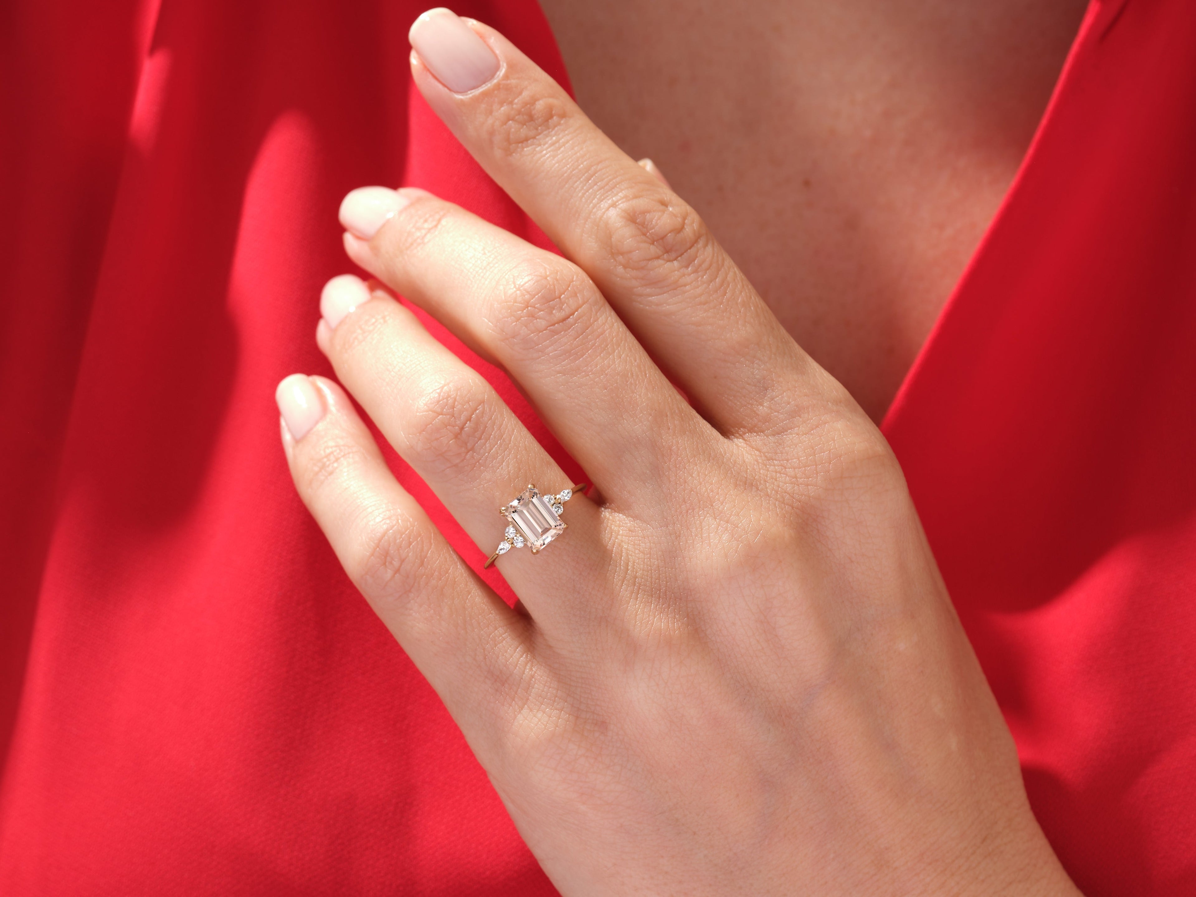 Emerald Cut Peach Morganite Engagement Ring with Round and Marquise Sidestones