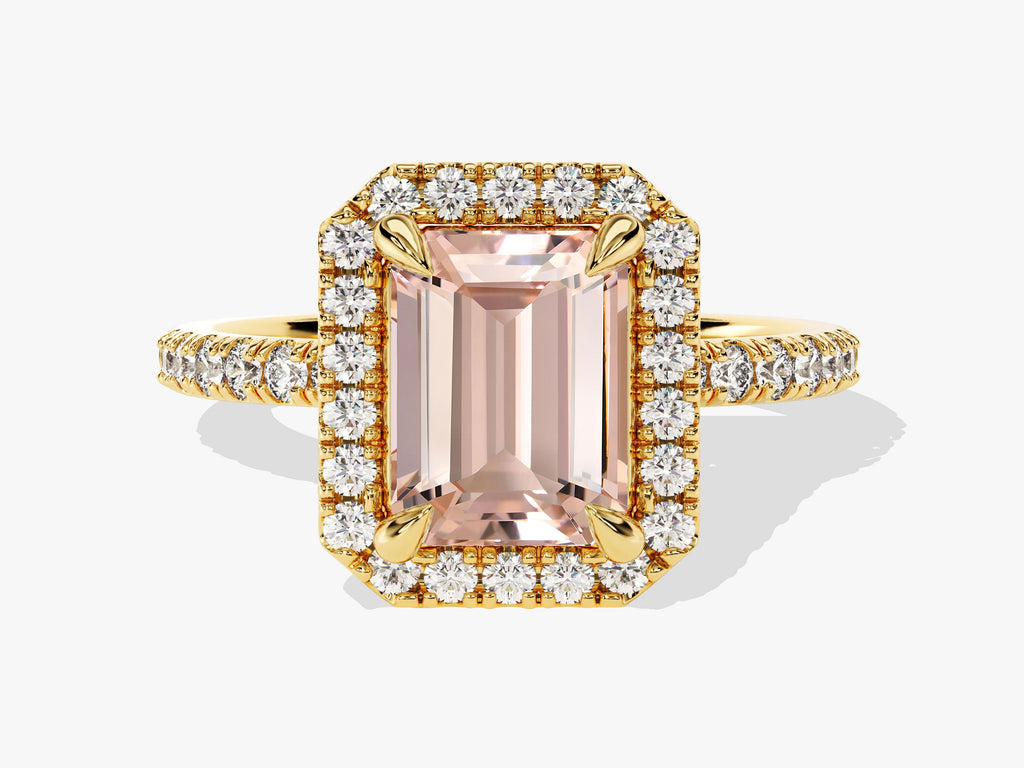 Emerald Cut Peach Morganite Halo Engagement Ring with Sidestones