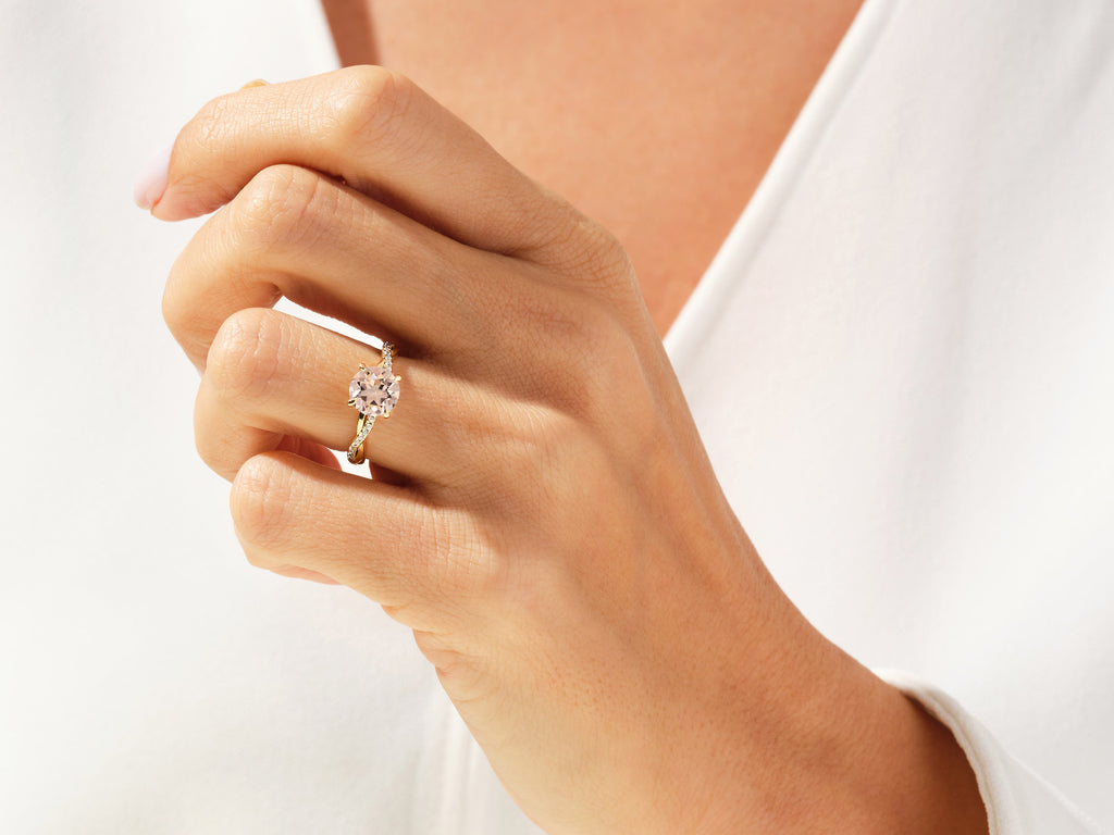 Twisted Round Cut Peach Morganite Engagement Ring with Sidestones
