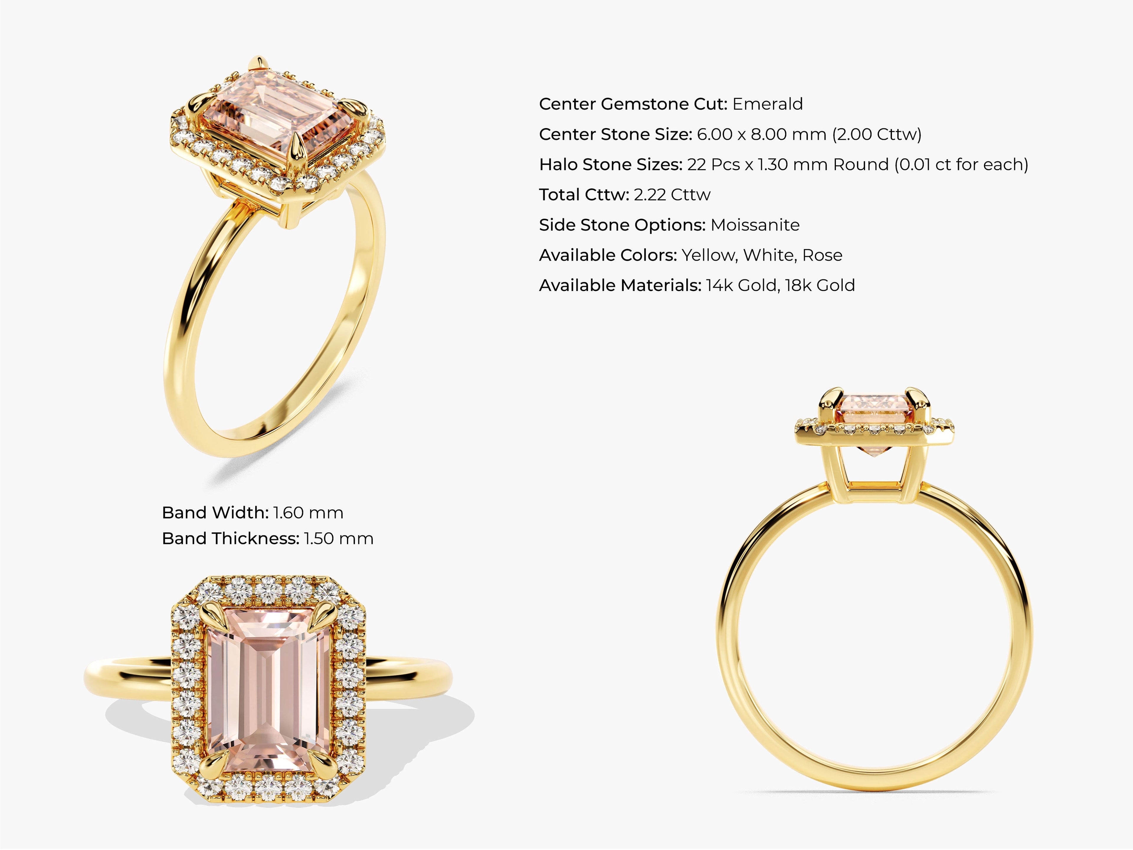 Emerald Cut Peach Morganite Halo Engagement Ring