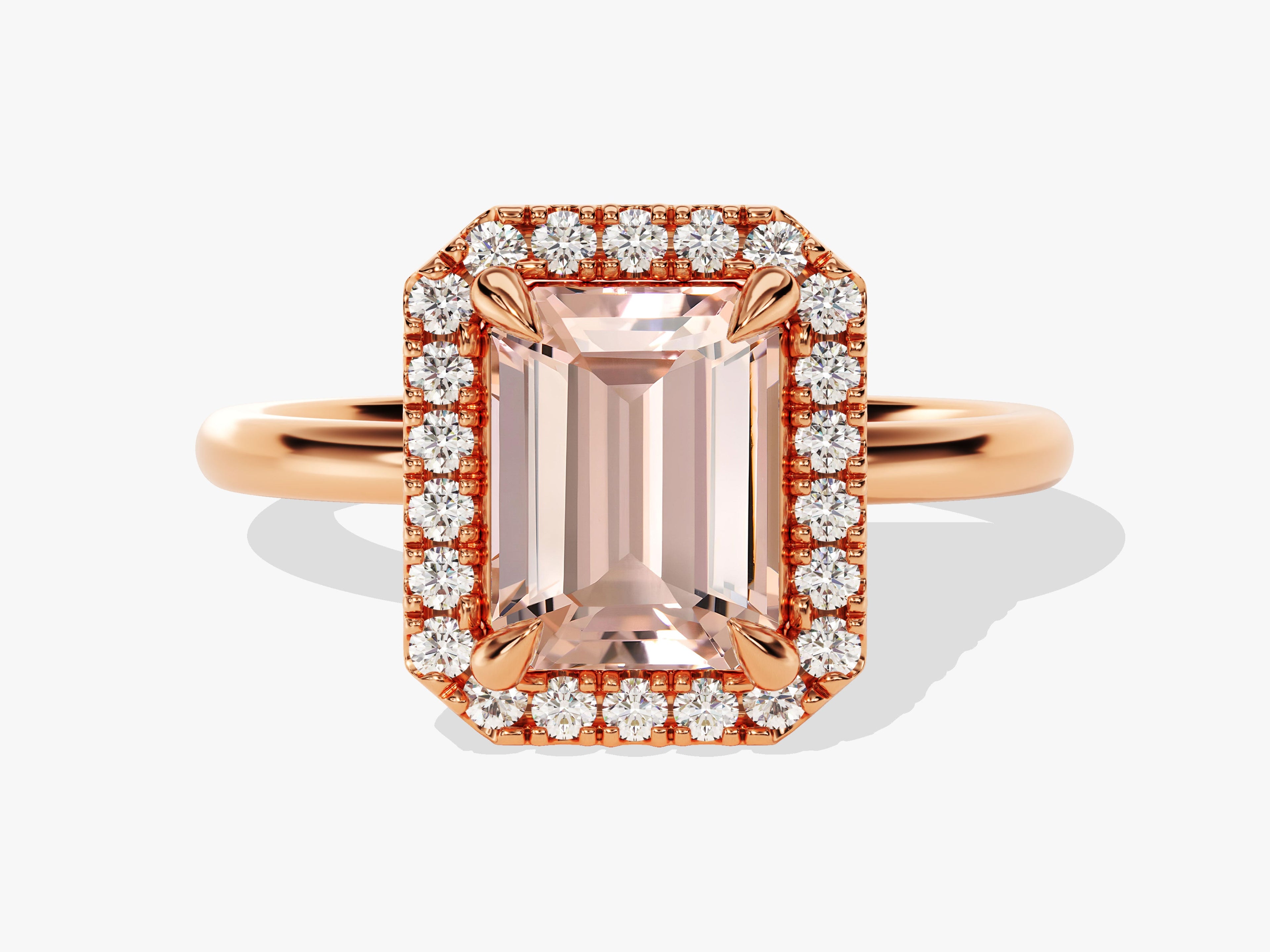 Emerald Cut Peach Morganite Halo Engagement Ring