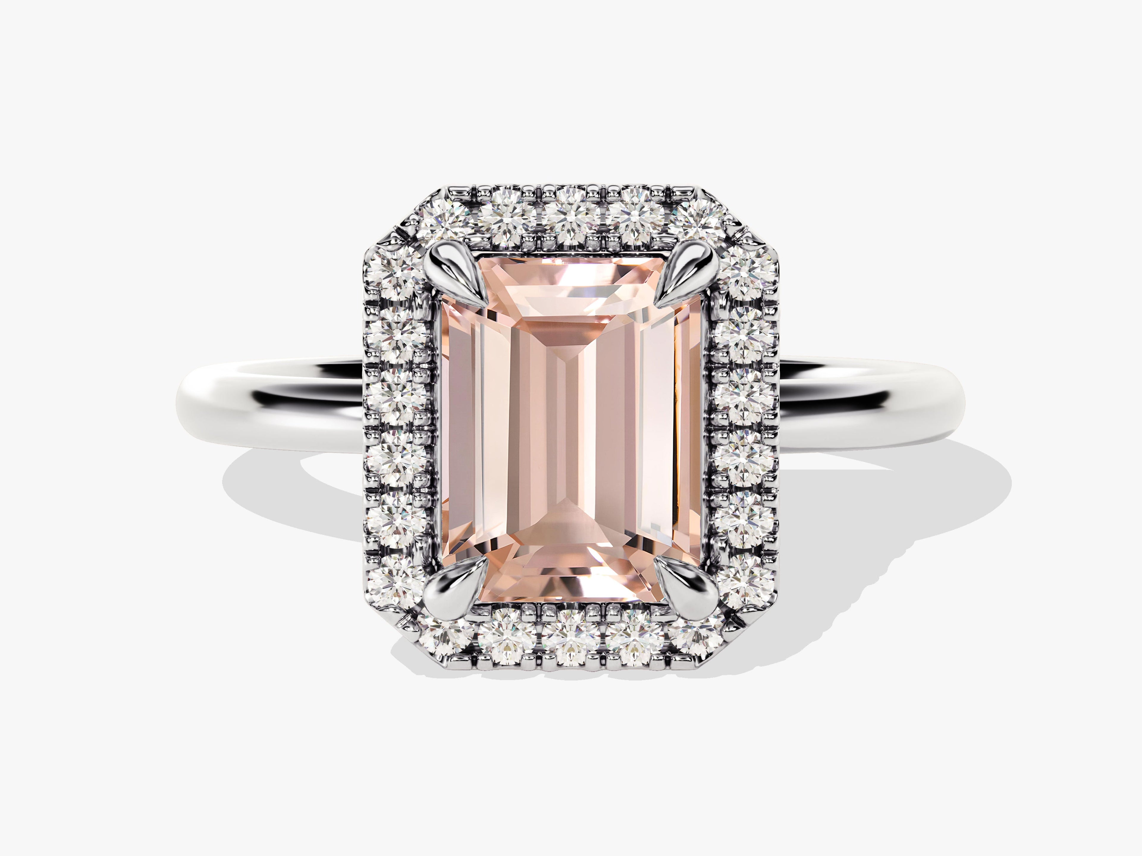 Emerald Cut Peach Morganite Halo Engagement Ring