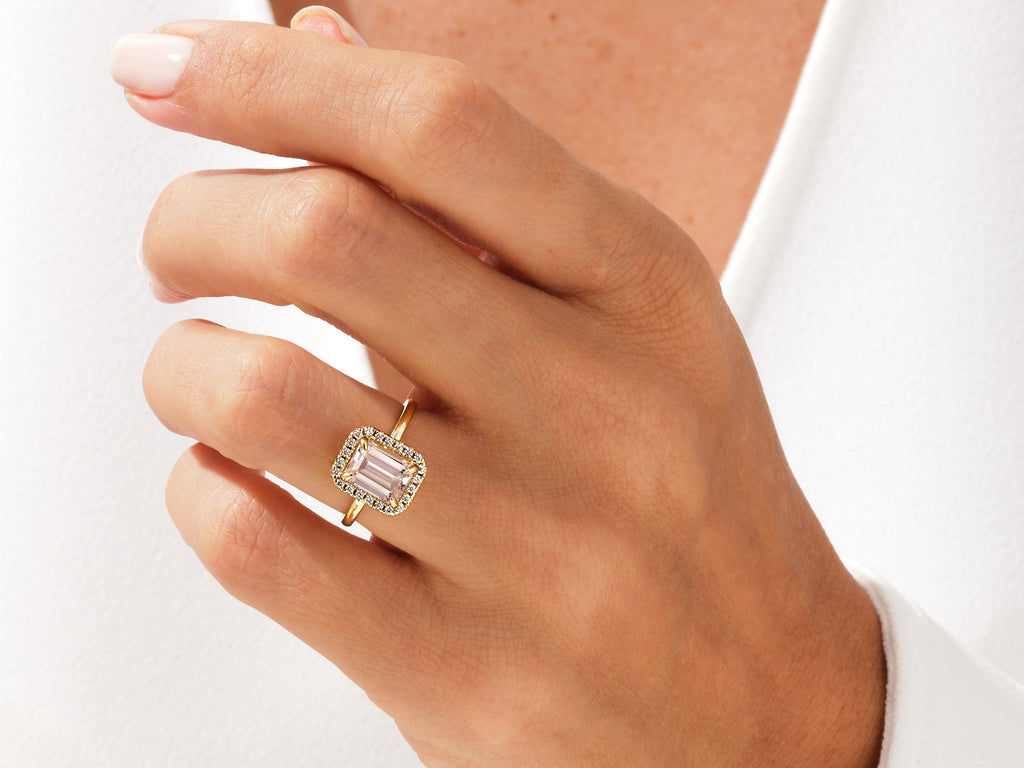 Emerald Cut Peach Morganite Halo Engagement Ring
