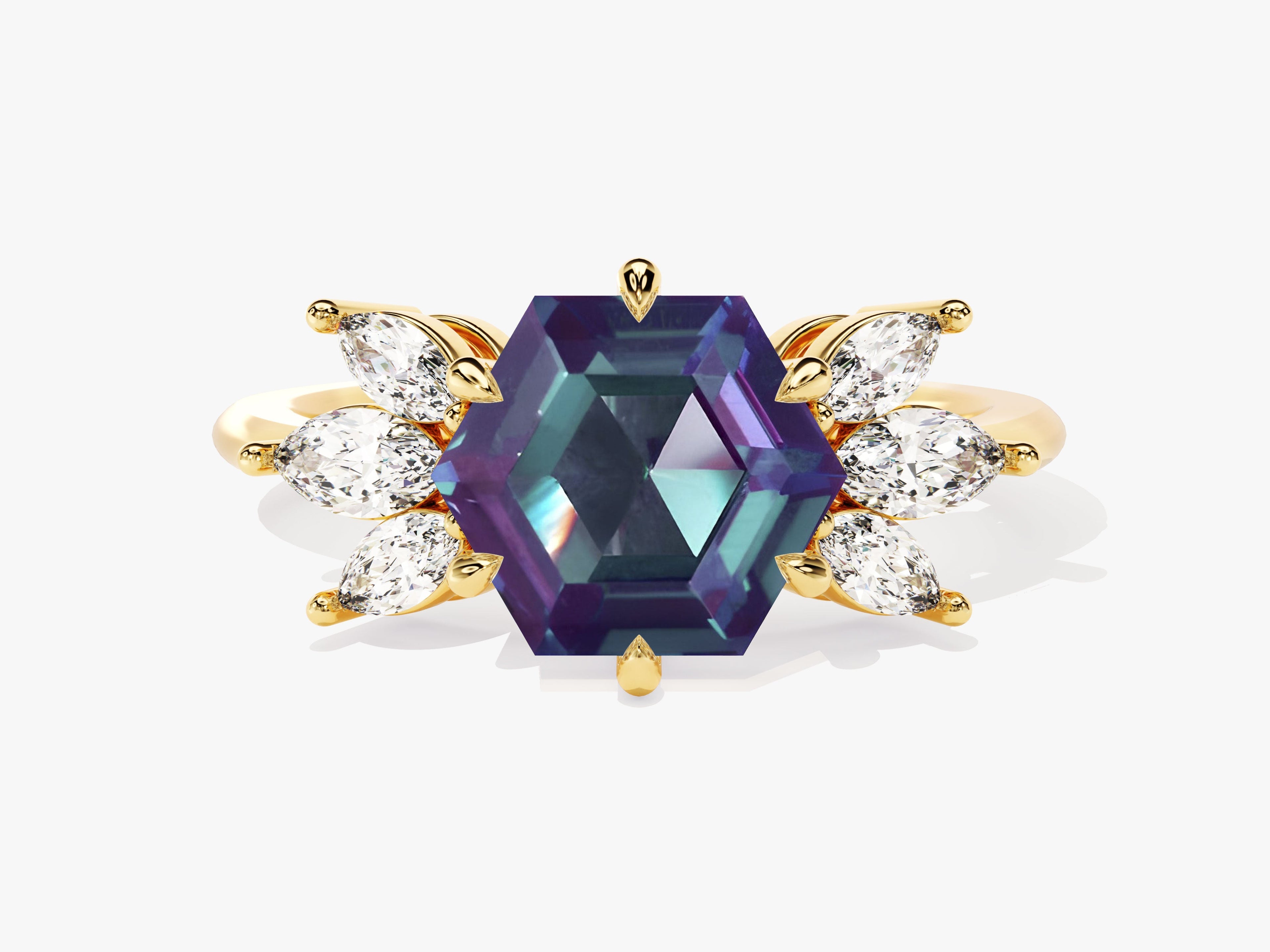 Hexagon Lab Alexandrite Engagement Ring with Moissanite Sidestones