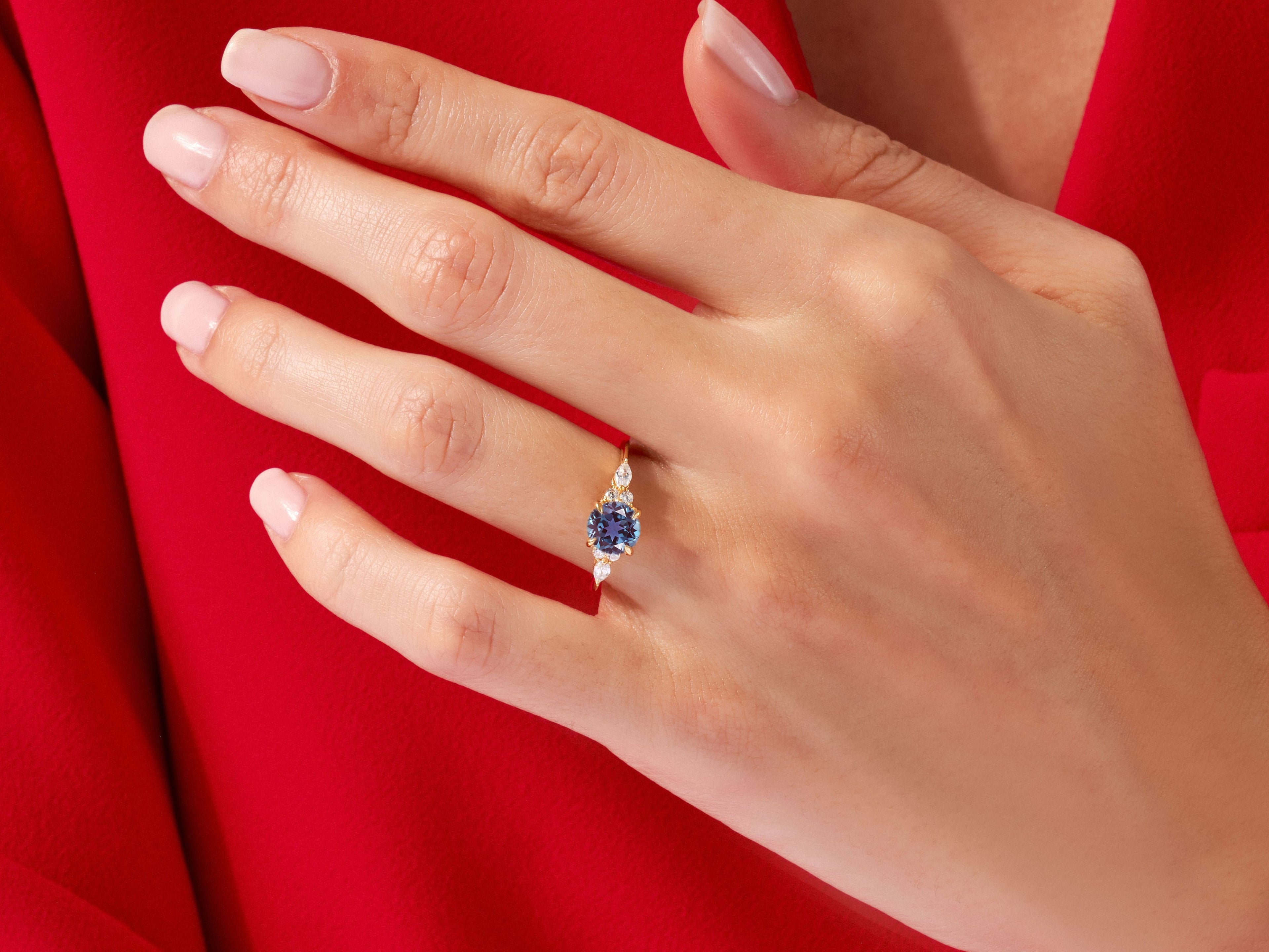 Round Lab Alexandrite Engagement Ring with Moissanite Sidestones