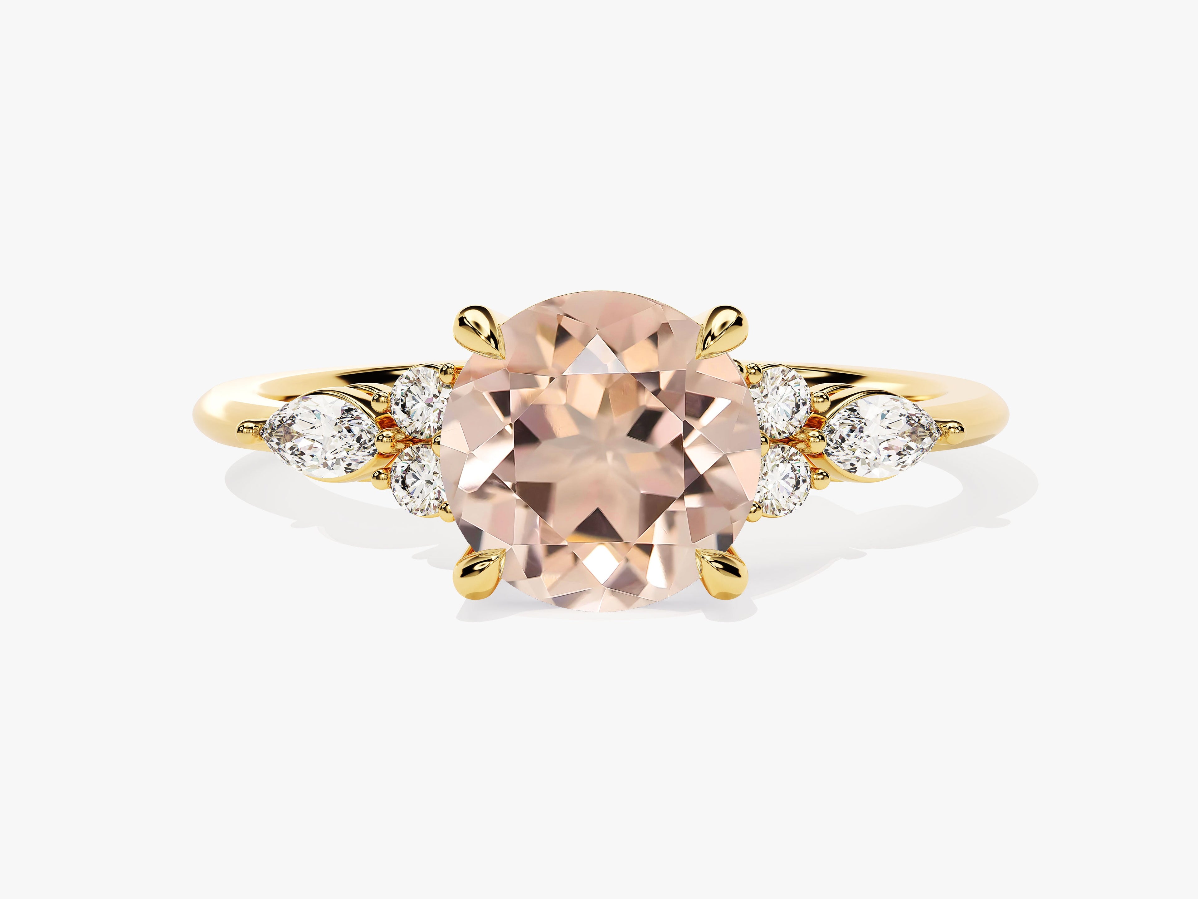 Round Cut Peach Morganite Engagement Ring with Marquise and Round Sidestones