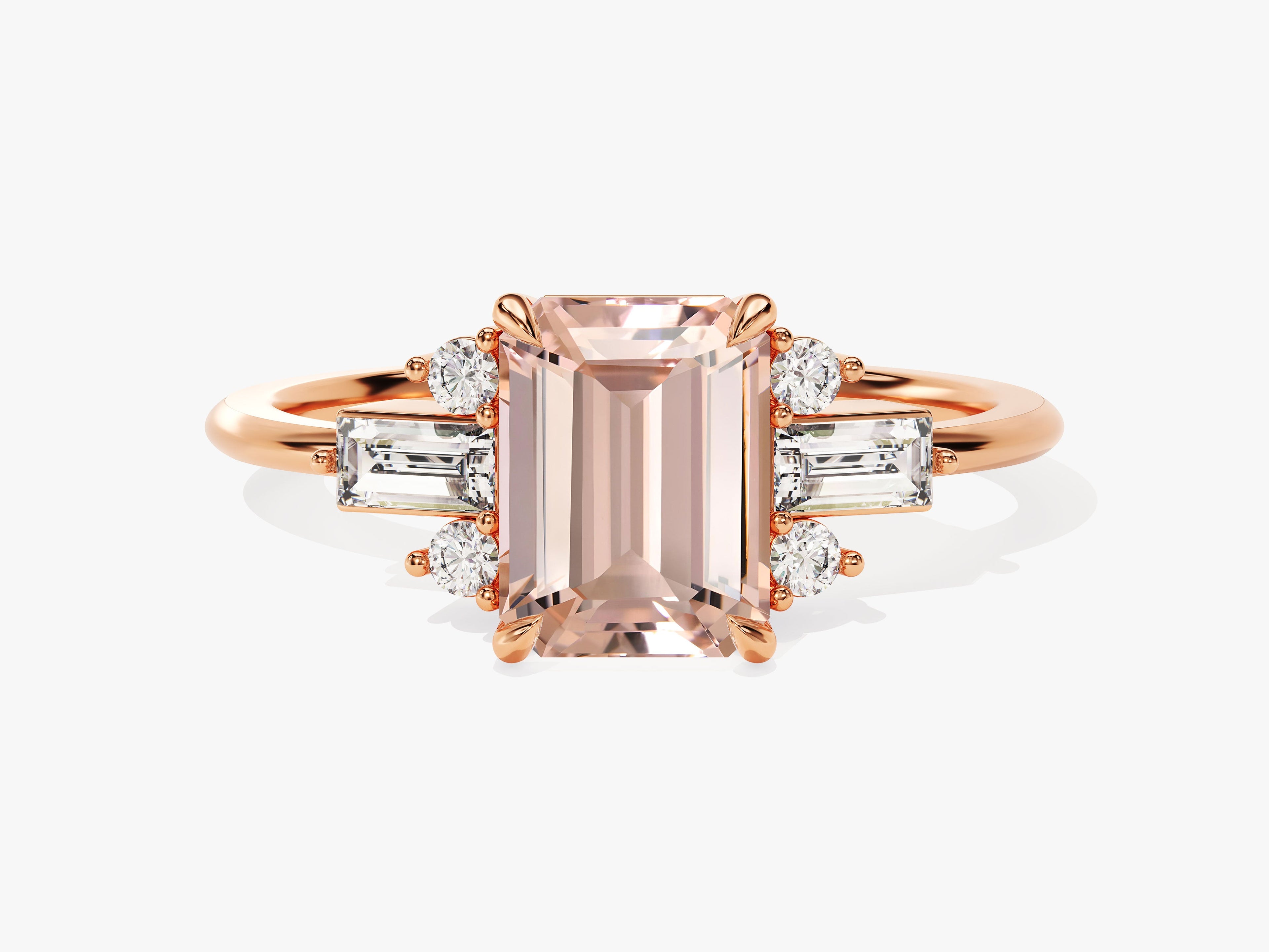 Emerald Cut Peach Morganite Engagement Ring with Baguette and Round Sidestones
