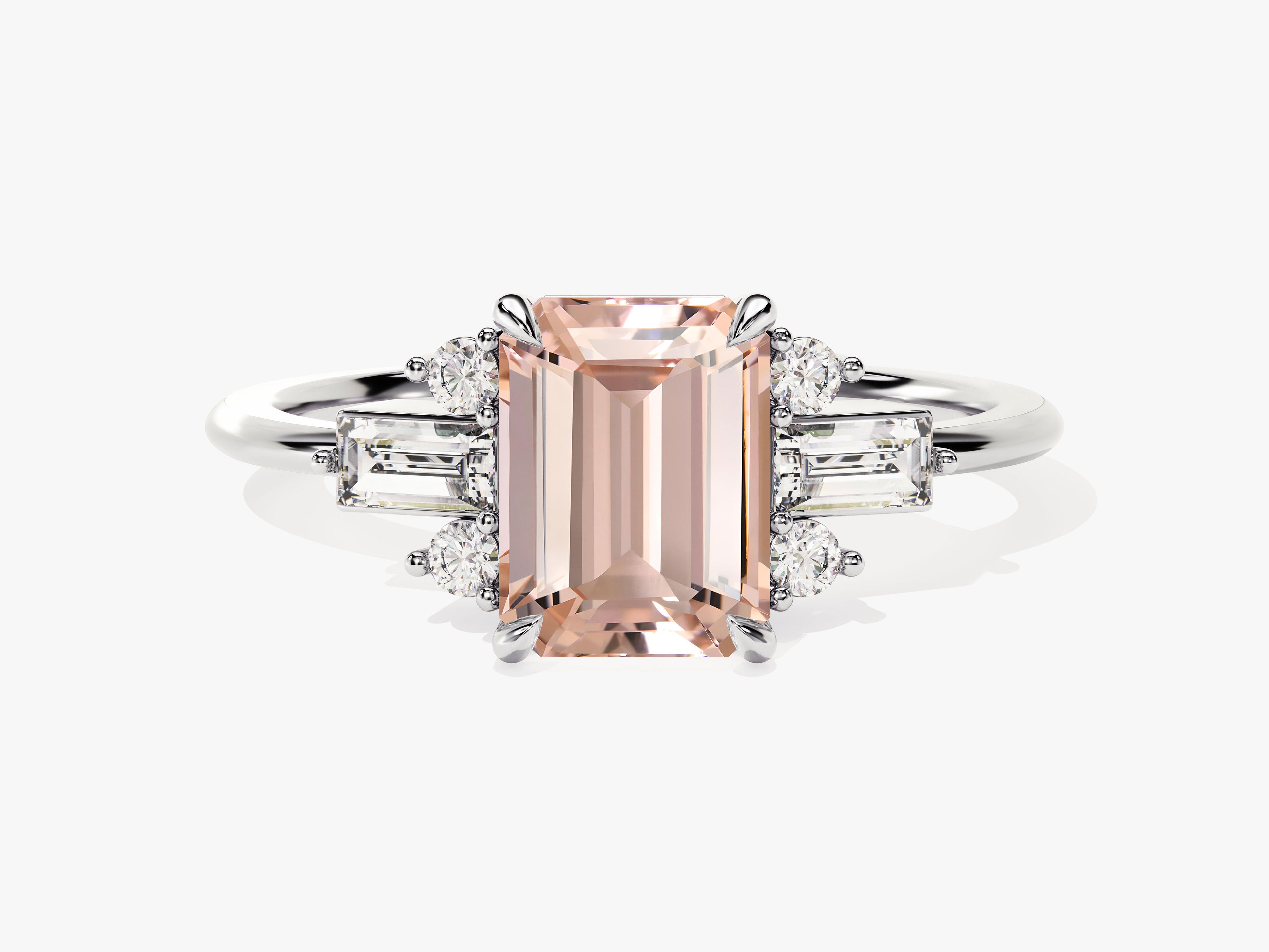 Emerald Cut Peach Morganite Engagement Ring with Baguette and Round Sidestones