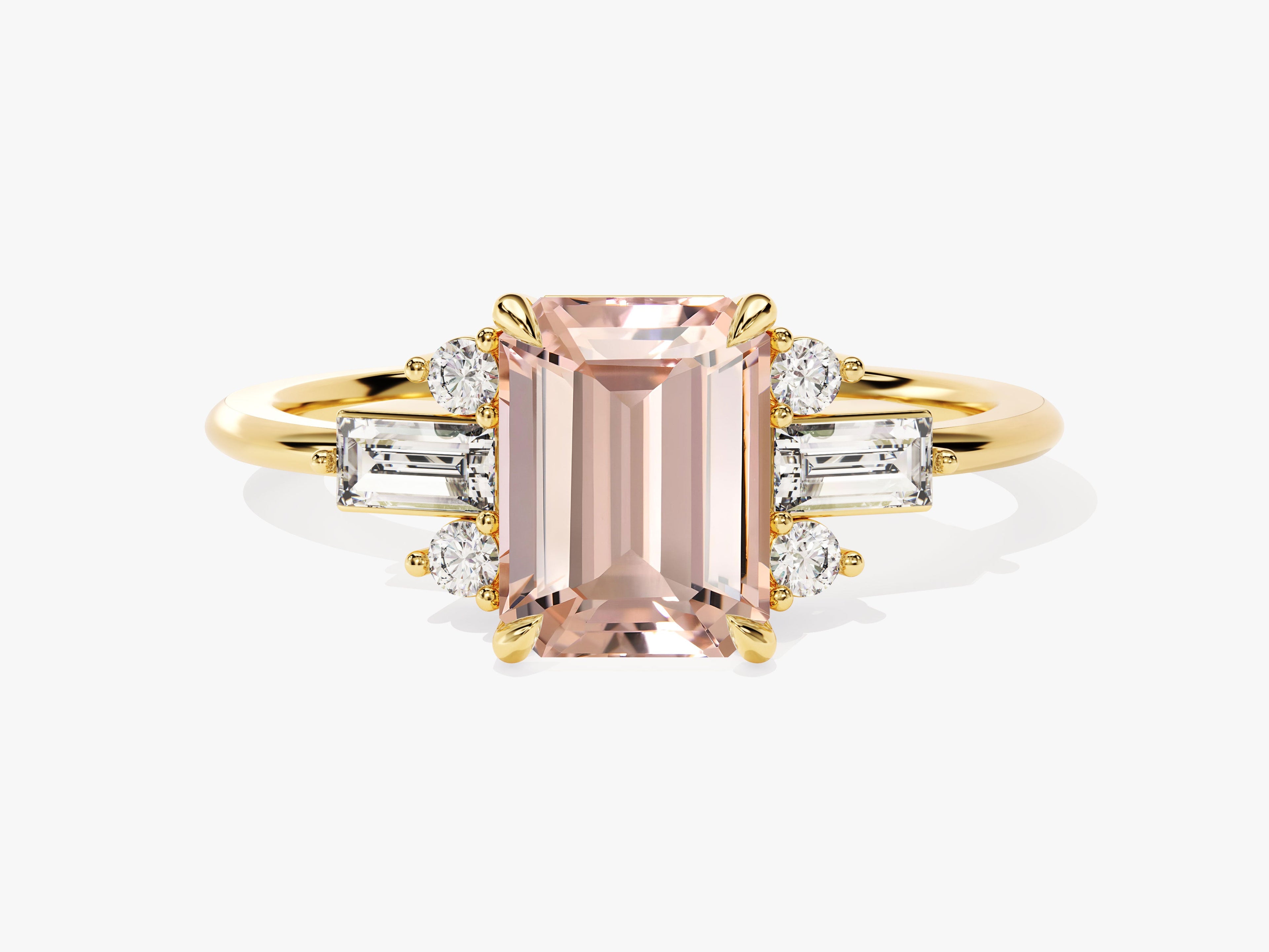 Emerald Cut Peach Morganite Engagement Ring with Baguette and Round Sidestones