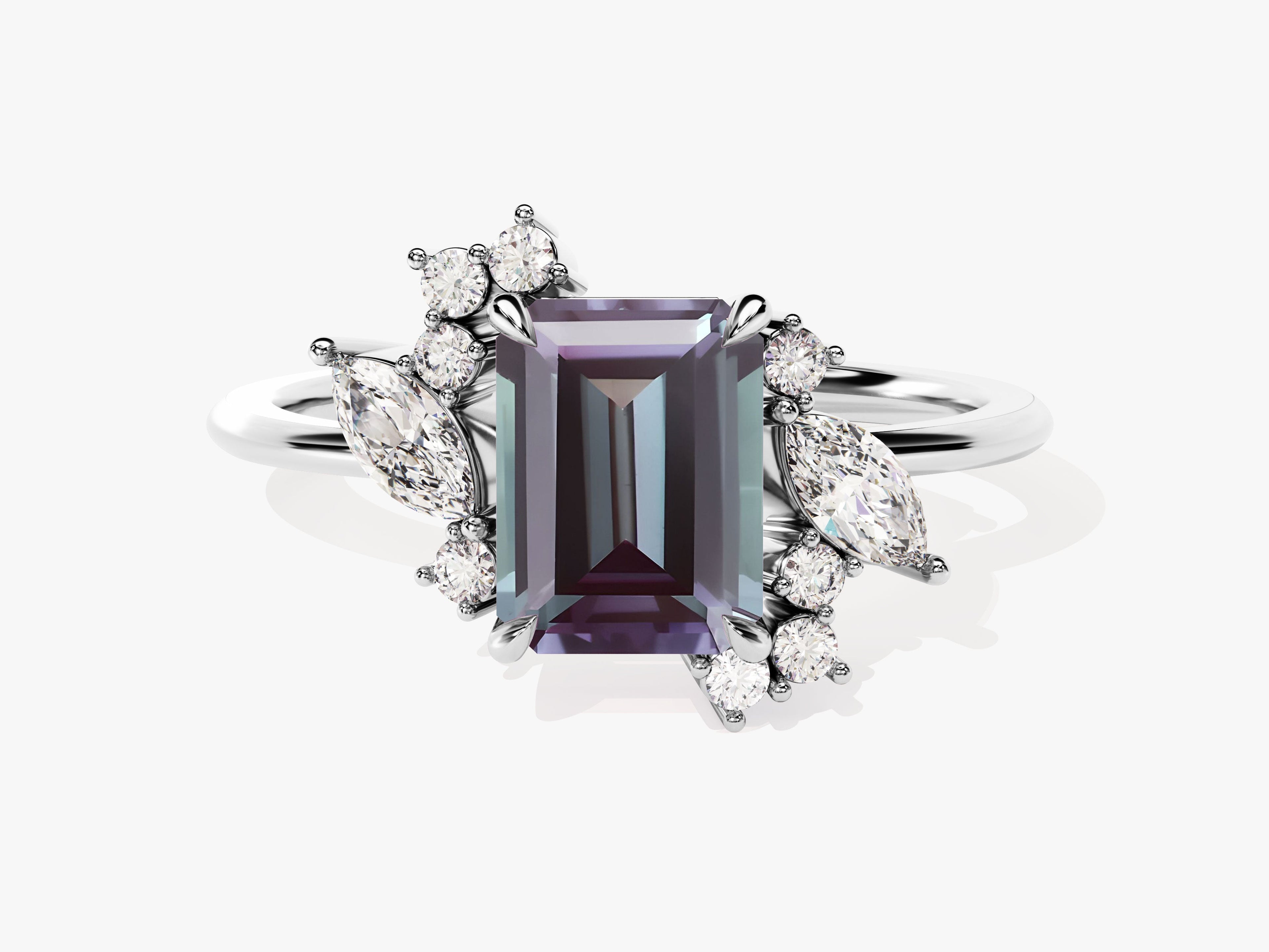 Emerald Cut Lab Alexandrite Engagement Ring with Marquise and Round Moissanite Sidestones
