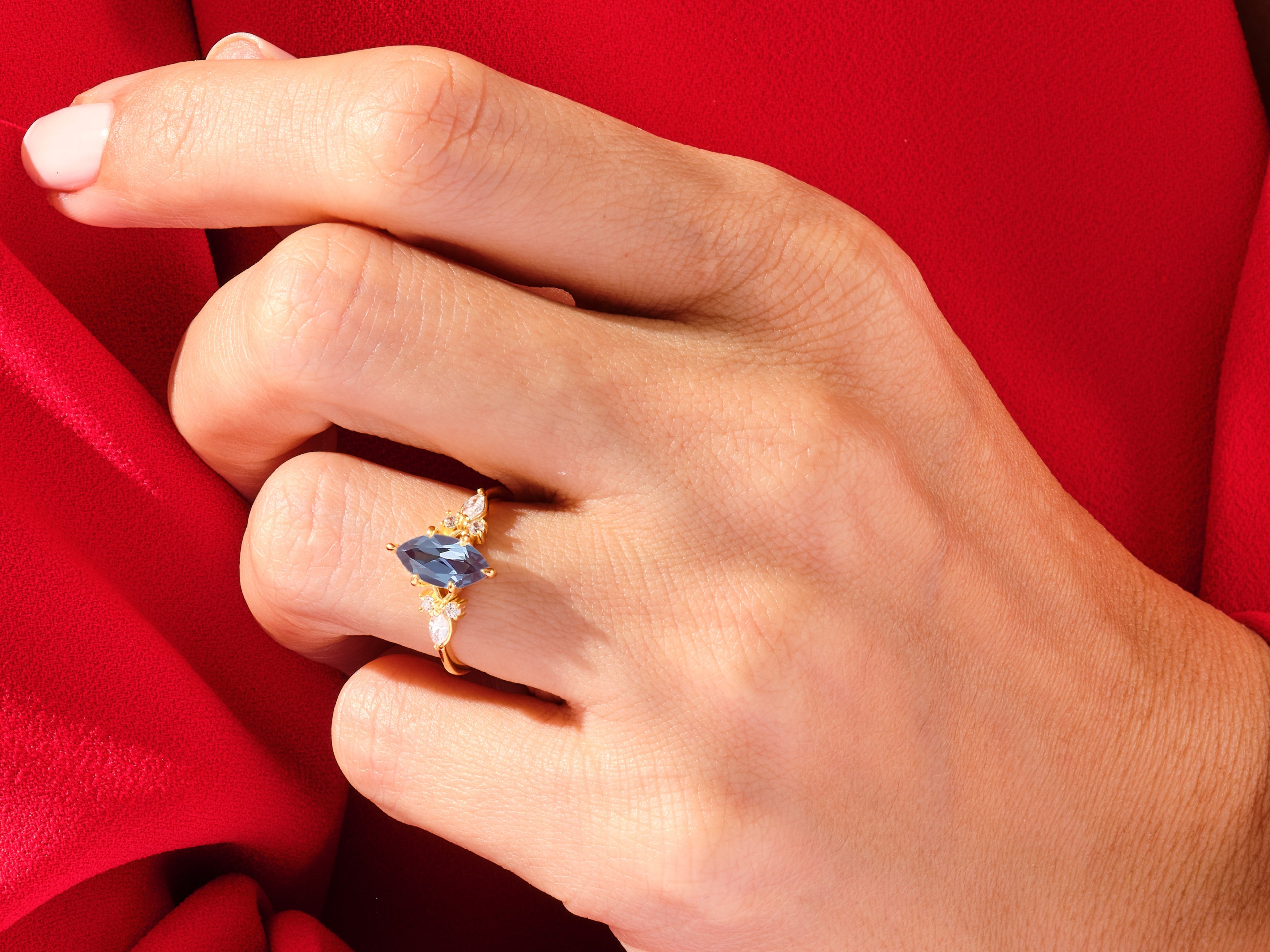 Marquise Lab Alexandrite Engagement Ring with Moissanite Cluster