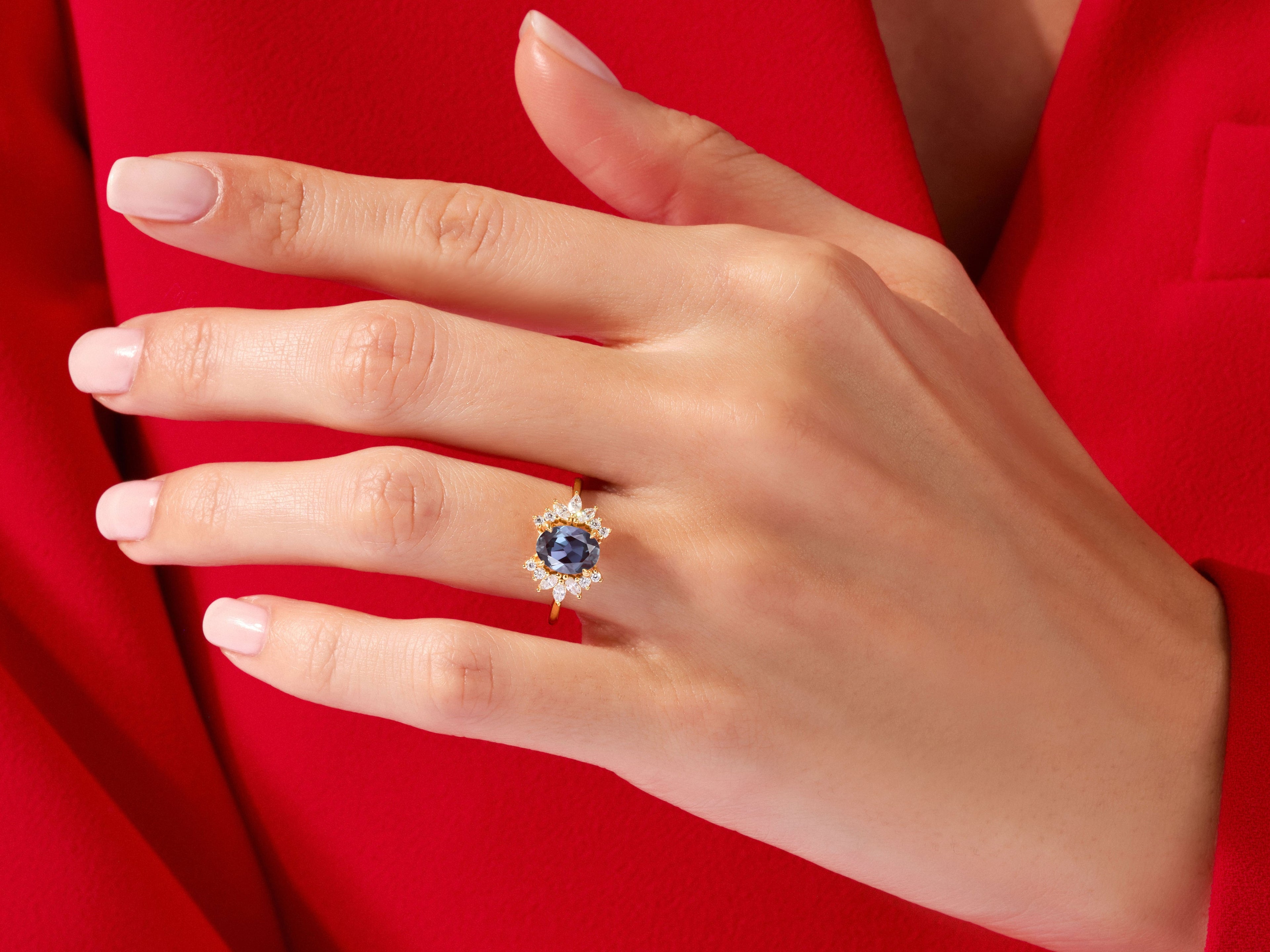 Oval Lab Alexandrite Engagement Ring with Moissanite Cluster