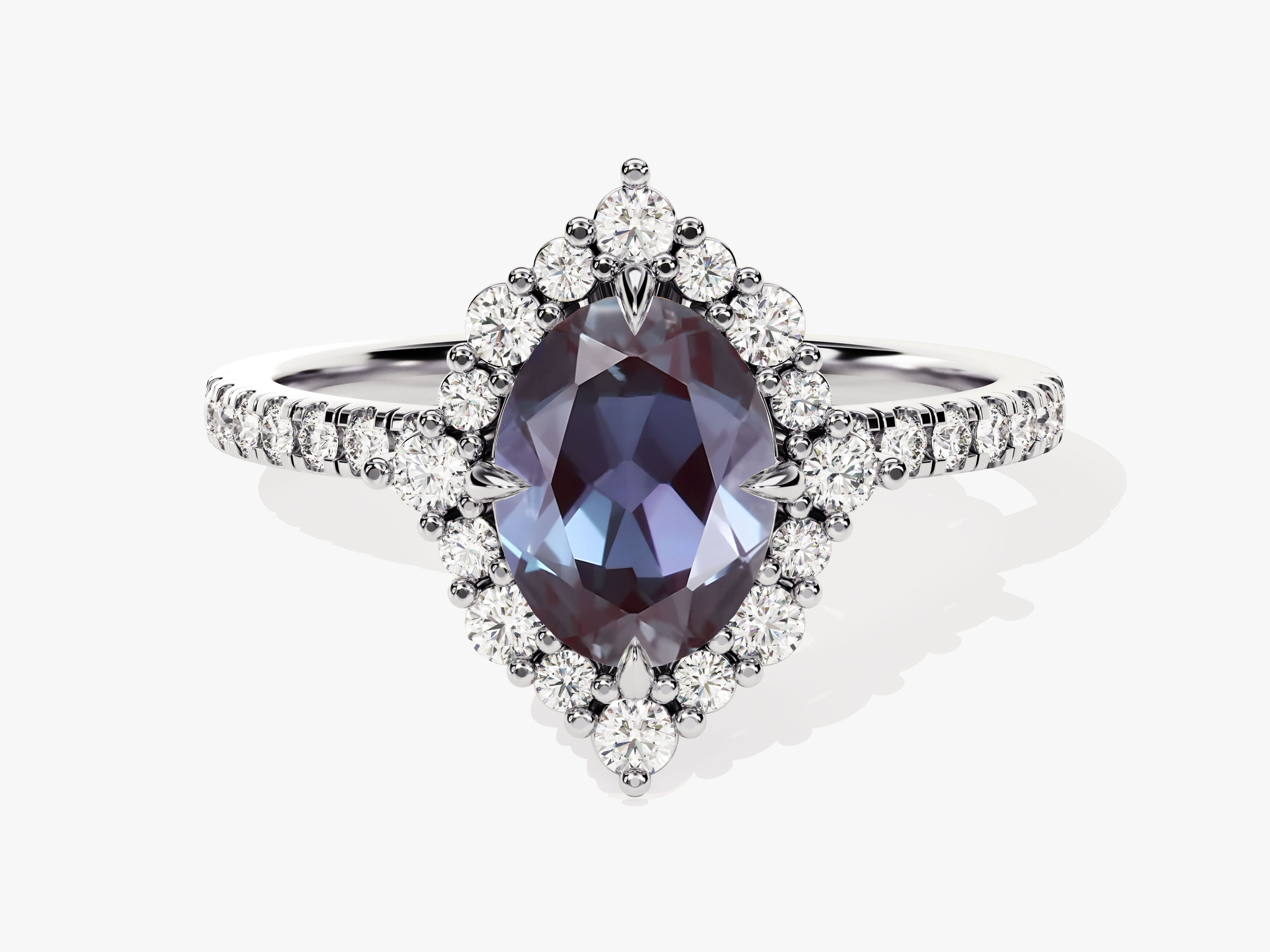 Oval Halo Lab Alexandrite Engagement Ring with Moissanite Sidestones