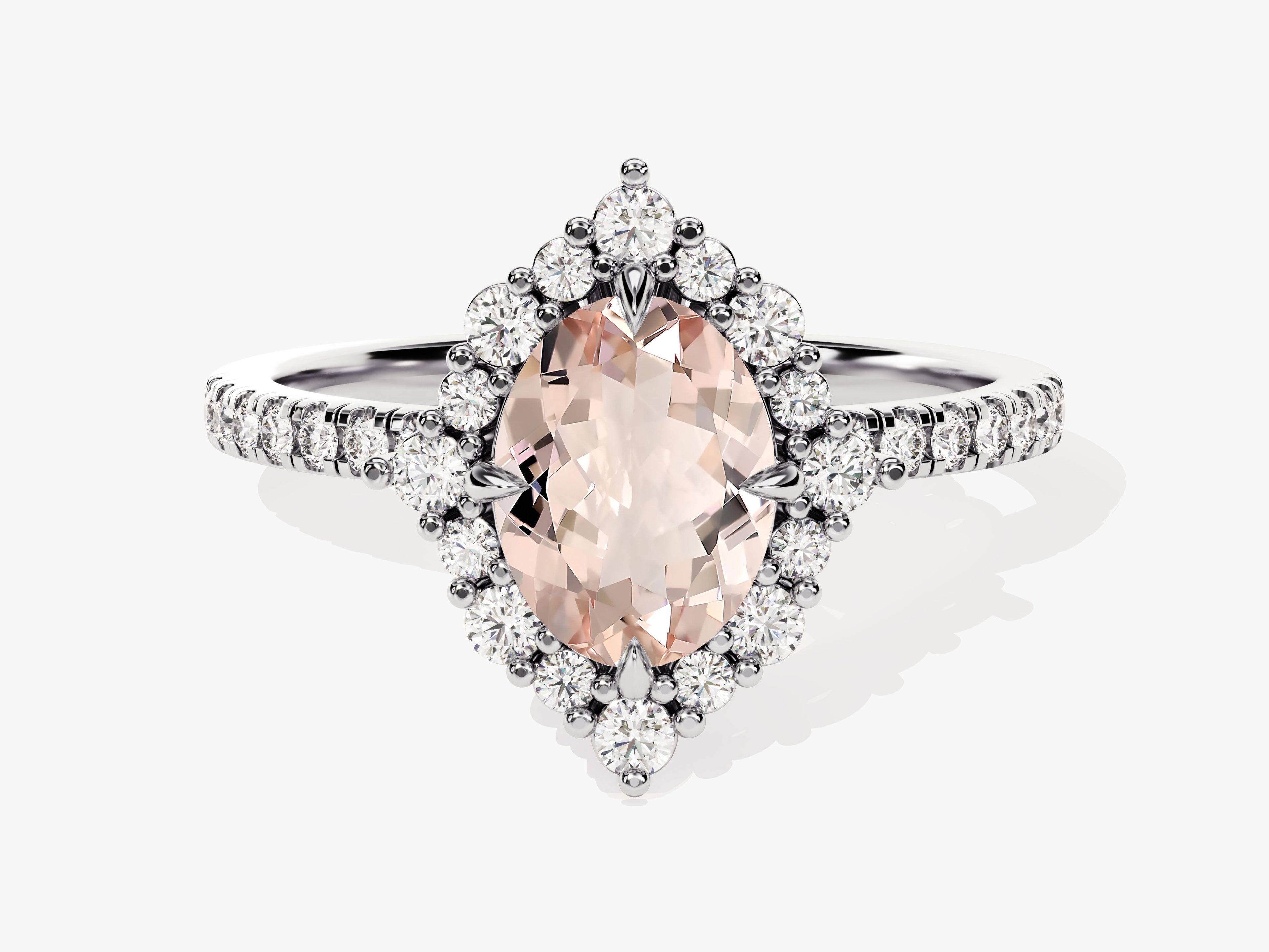Vintage Halo Oval Cut Peach Morganite Engagement Ring with Sidestones