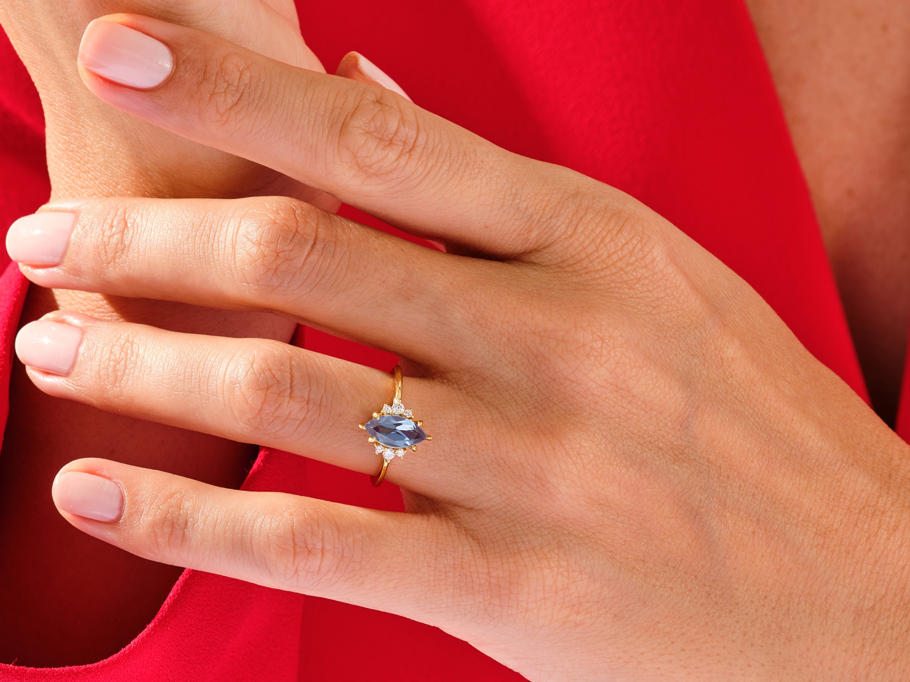 Marquise Lab Alexandrite Engagement Ring with Round Moissanite Sidestones