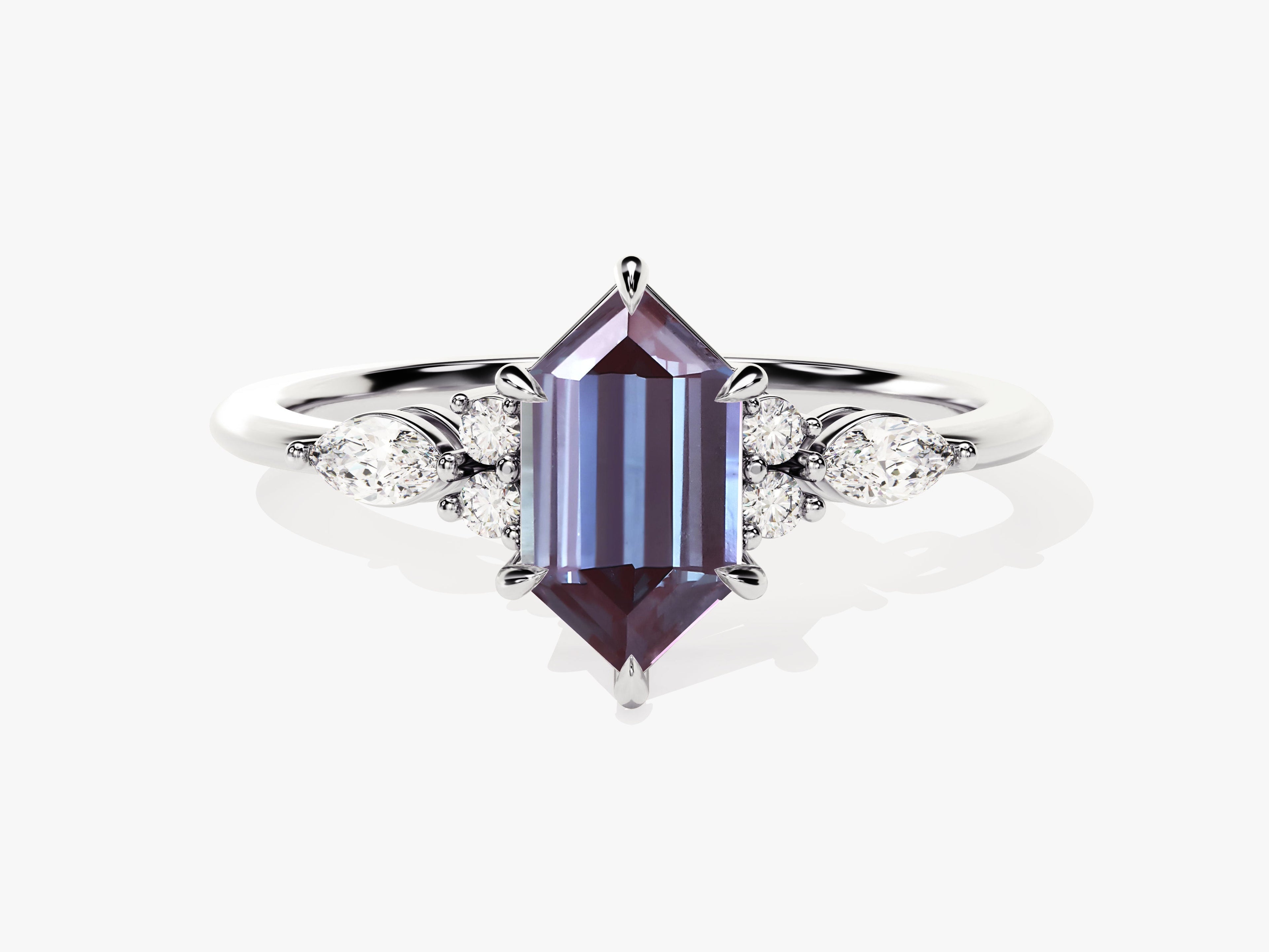 Long Hexagon Lab Alexandrite Engagement Ring with Marquise Moissanite Sidestones