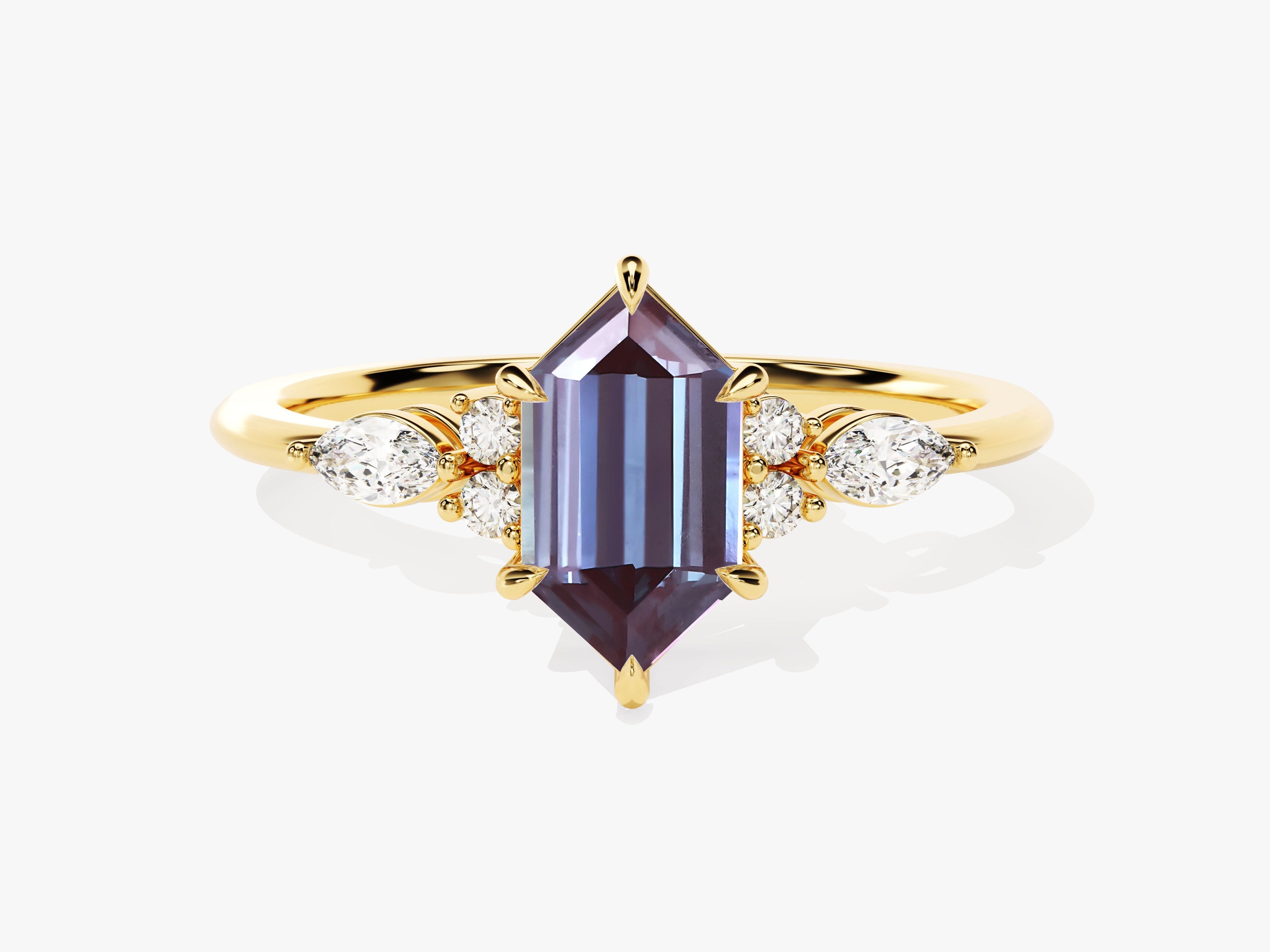 Long Hexagon Lab Alexandrite Engagement Ring with Marquise Moissanite Sidestones