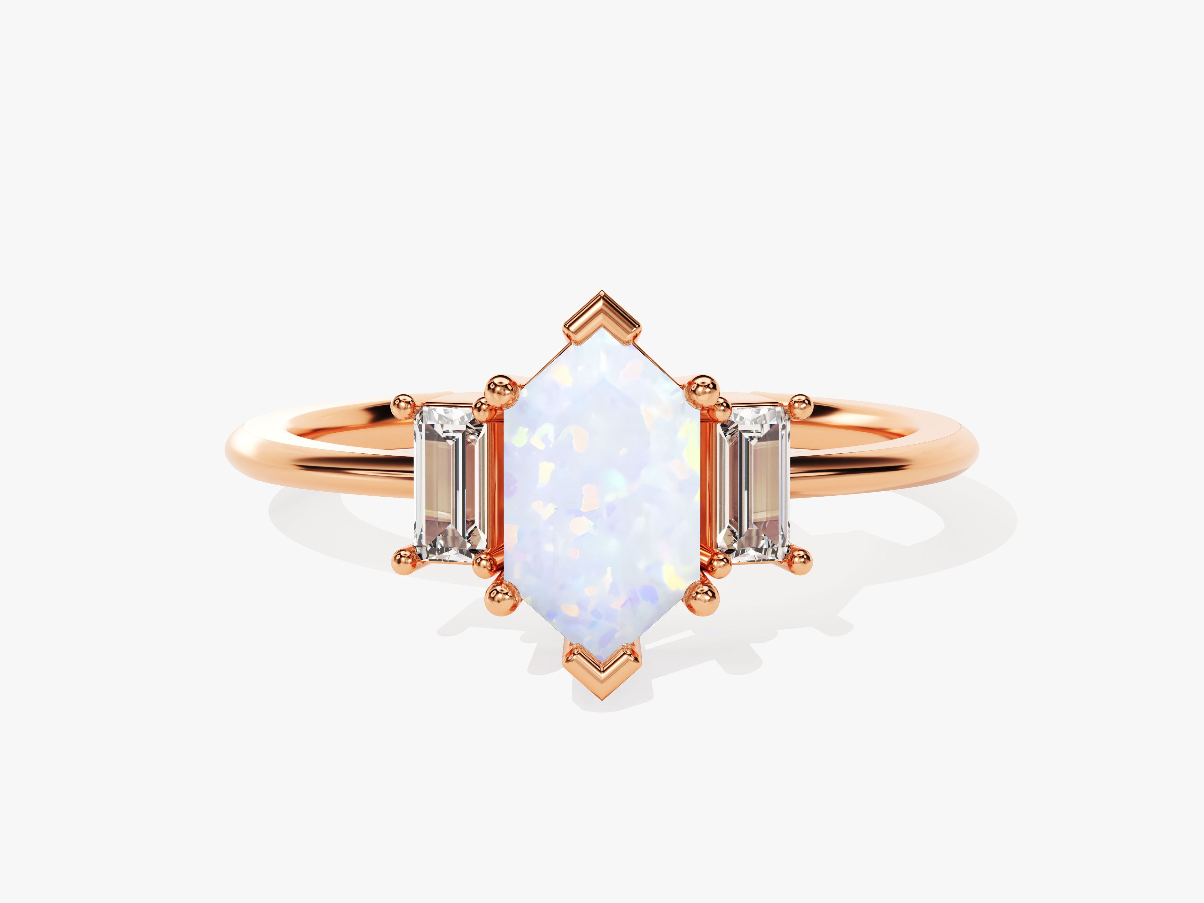 Long Hexagon Opal Engagement Ring with Baguette Moissanite Sidestones