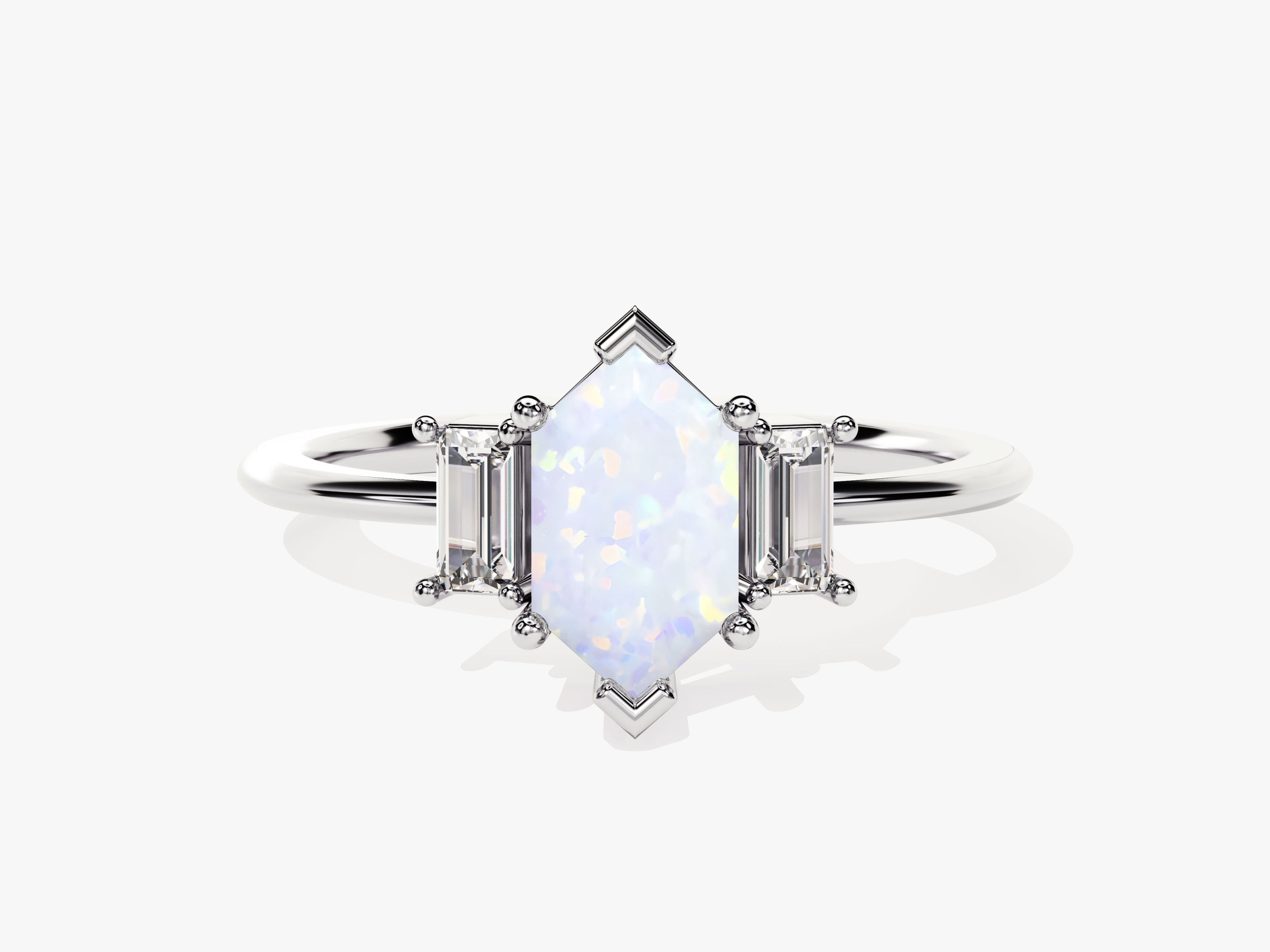 Long Hexagon Opal Engagement Ring with Baguette Moissanite Sidestones