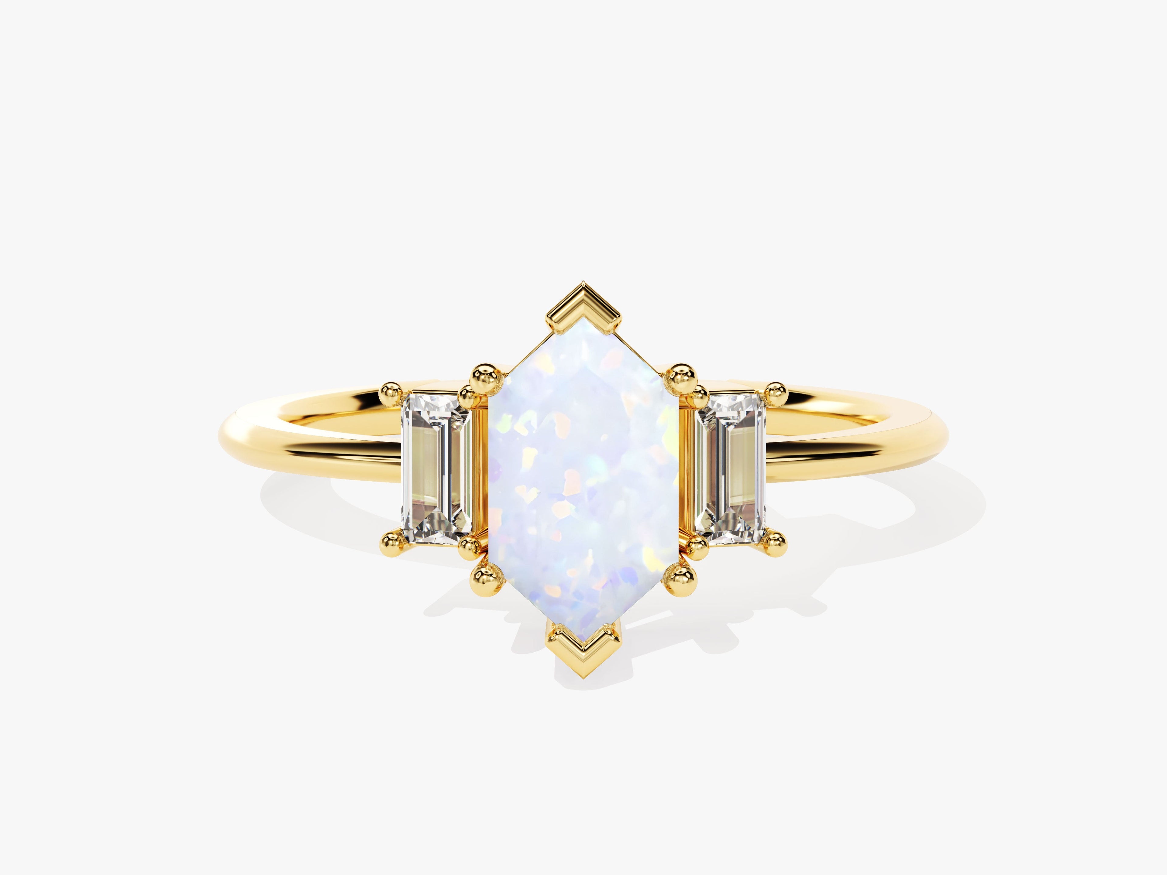 Long Hexagon Opal Engagement Ring with Baguette Moissanite Sidestones