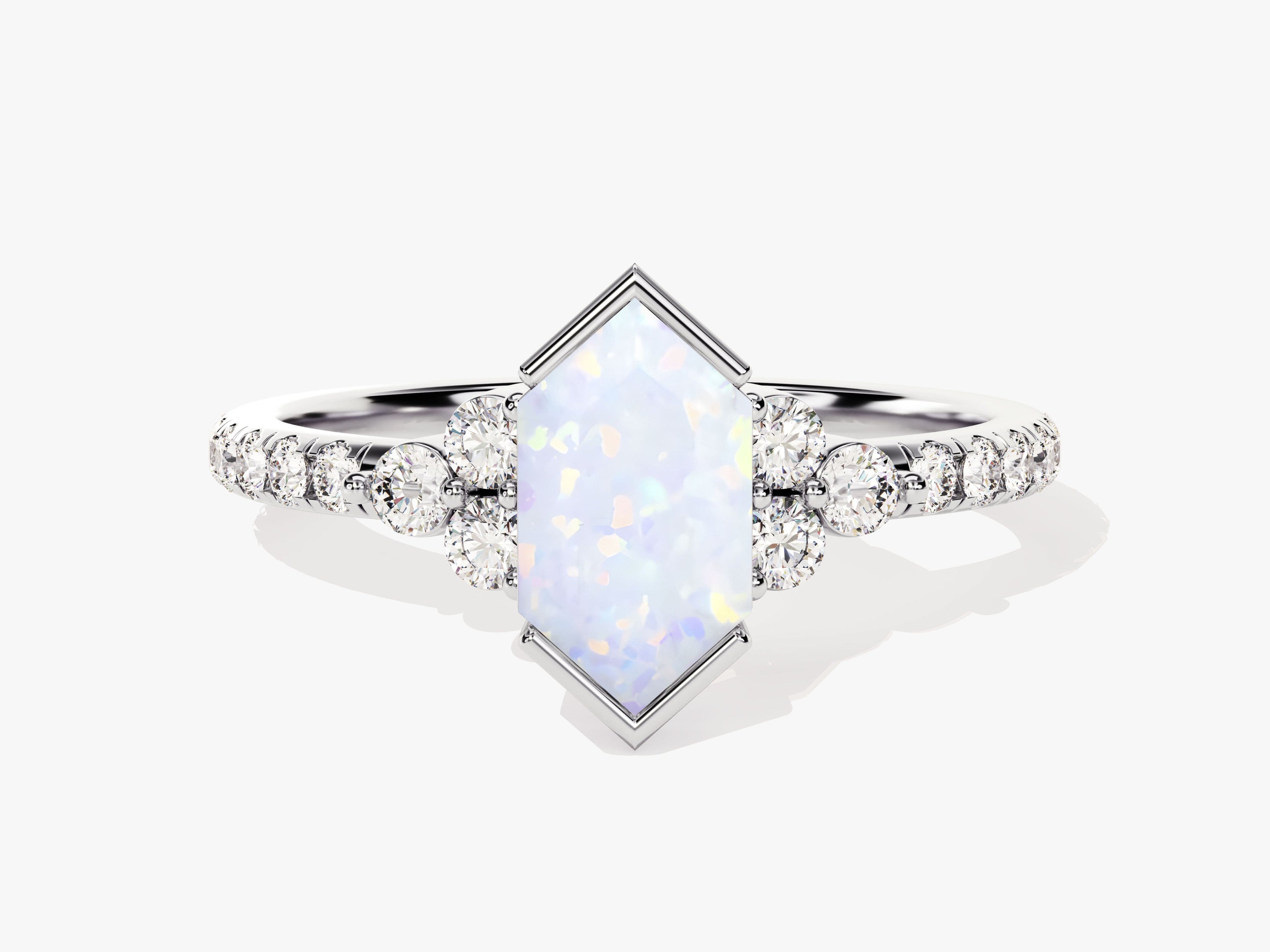 Long Hexagon Opal Engagement Ring with Pave Set Moissanite Sidestones