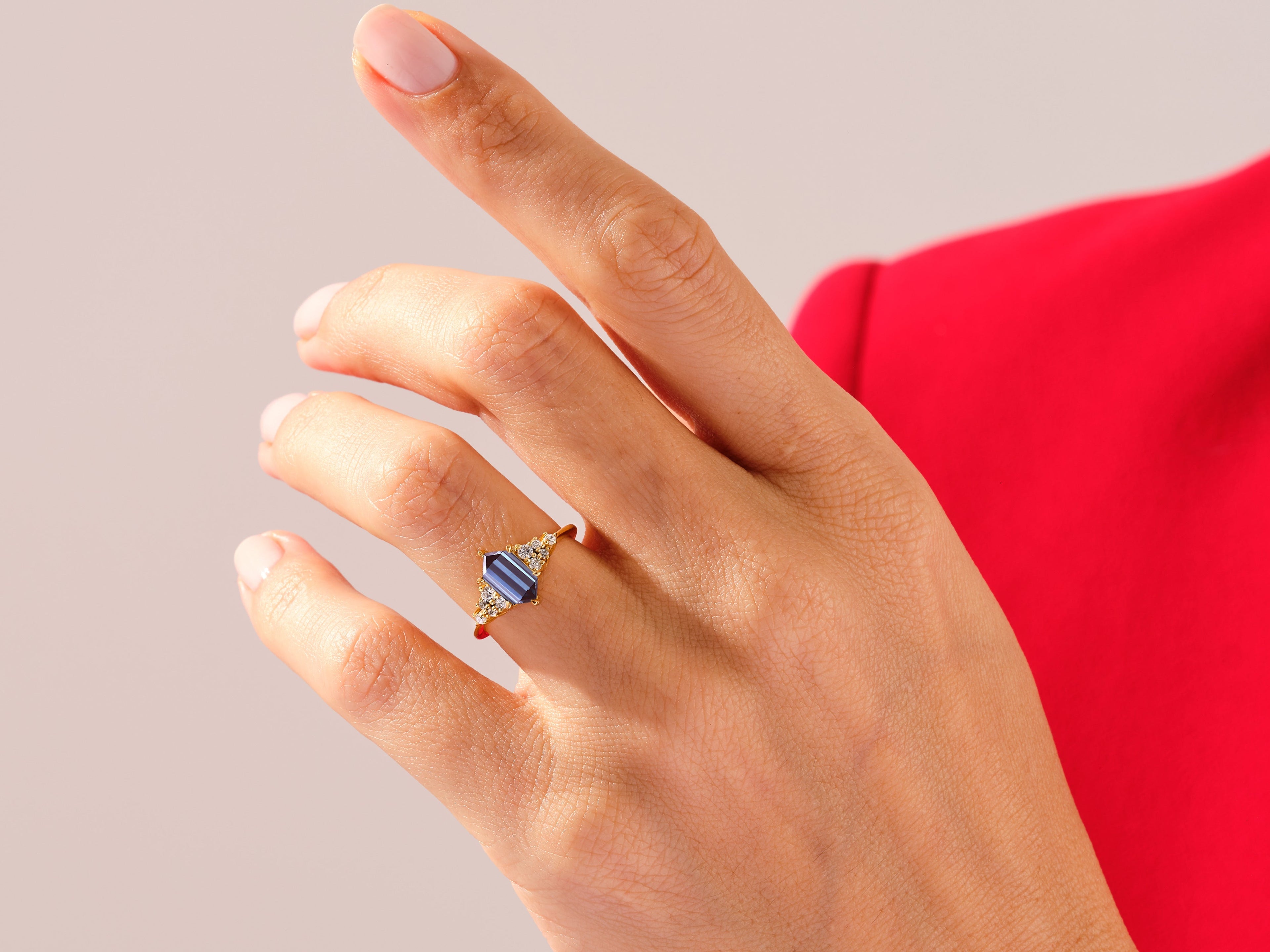 Long Hexagon Lab Alexandrite Engagement Ring with Moissanite Cluster