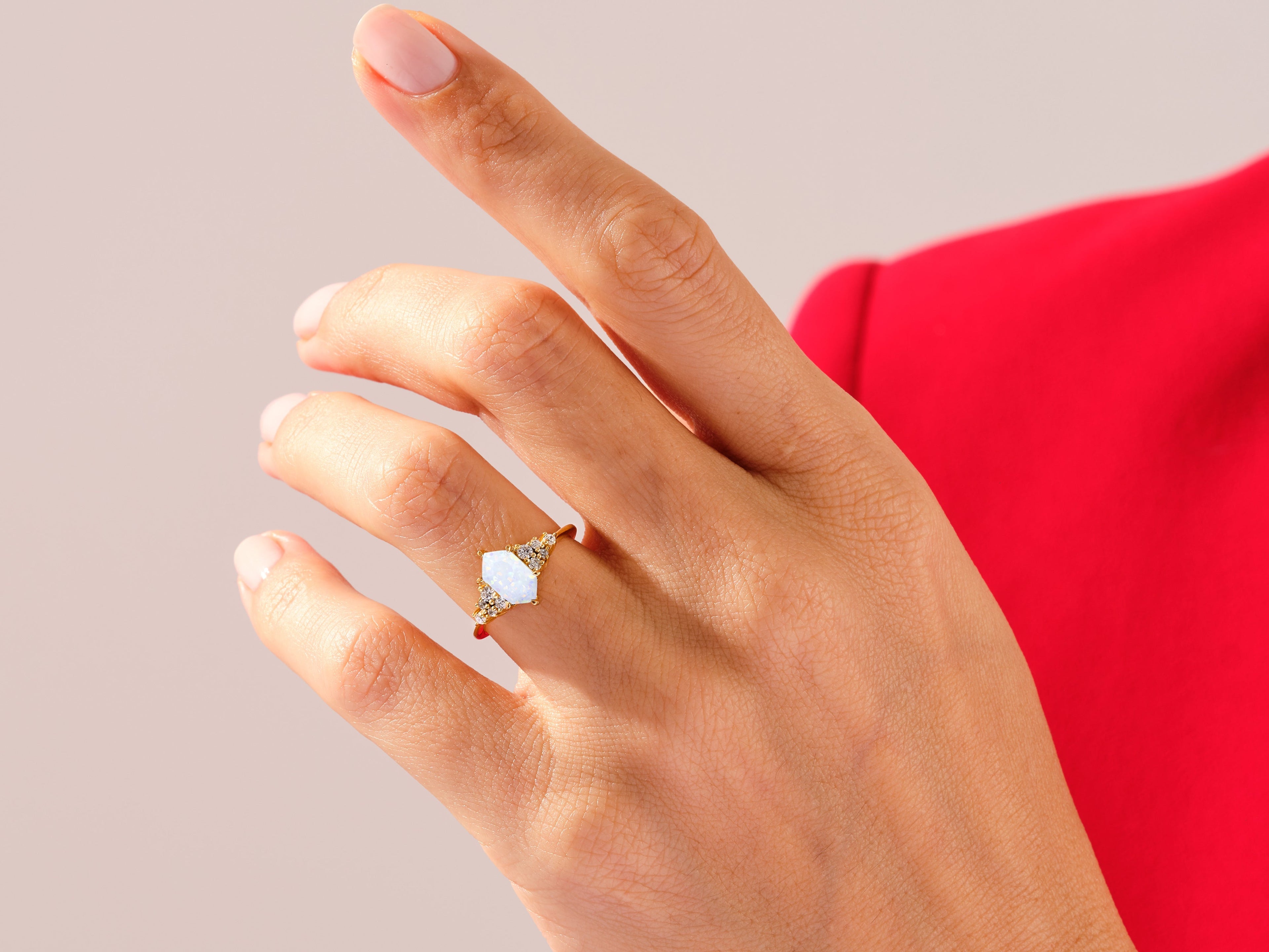 Long Hexagon Opal Engagement Ring with Moissanite Cluster