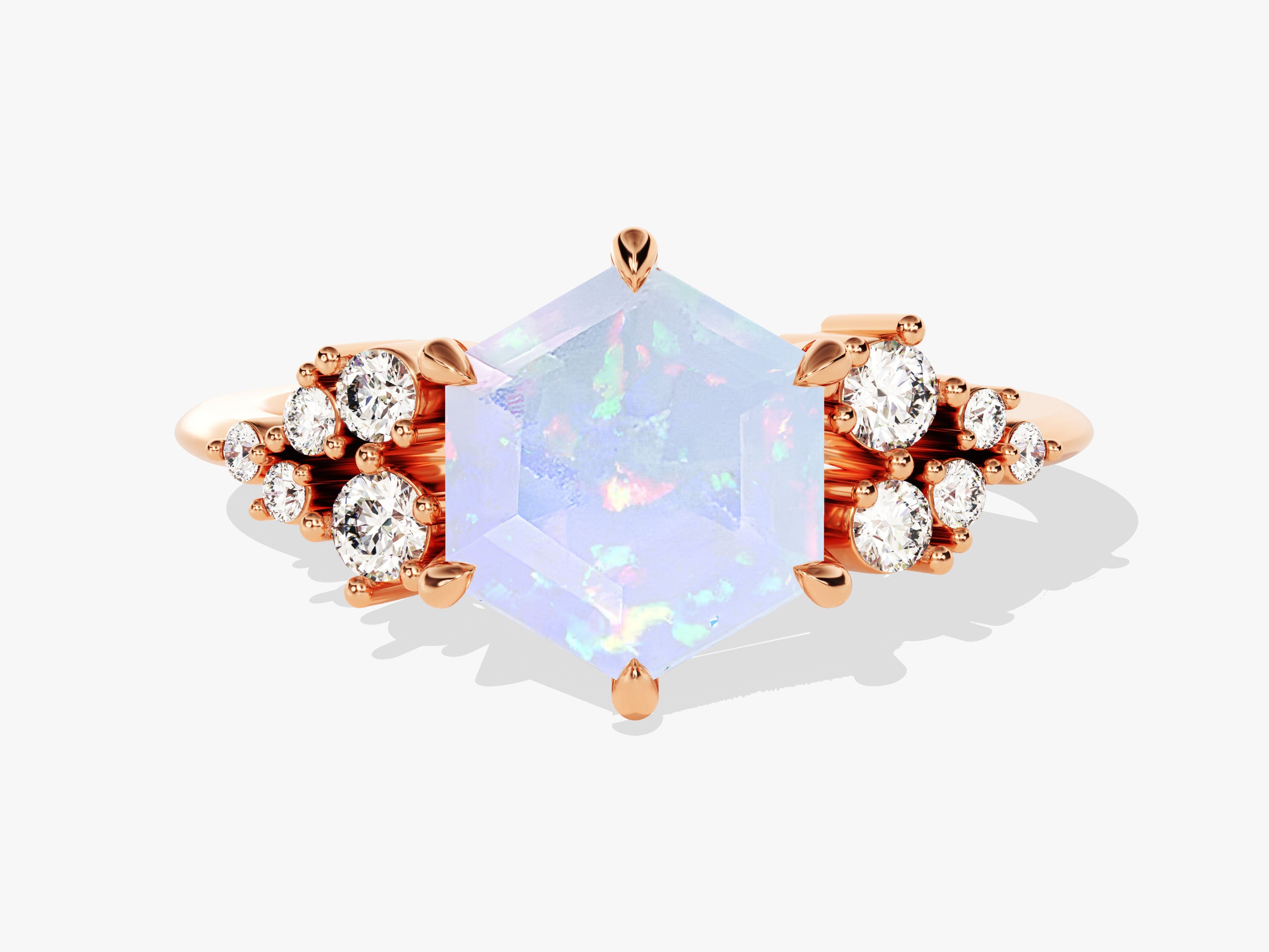 Hexagon Opal Engagement Ring with Moissanite Cluster