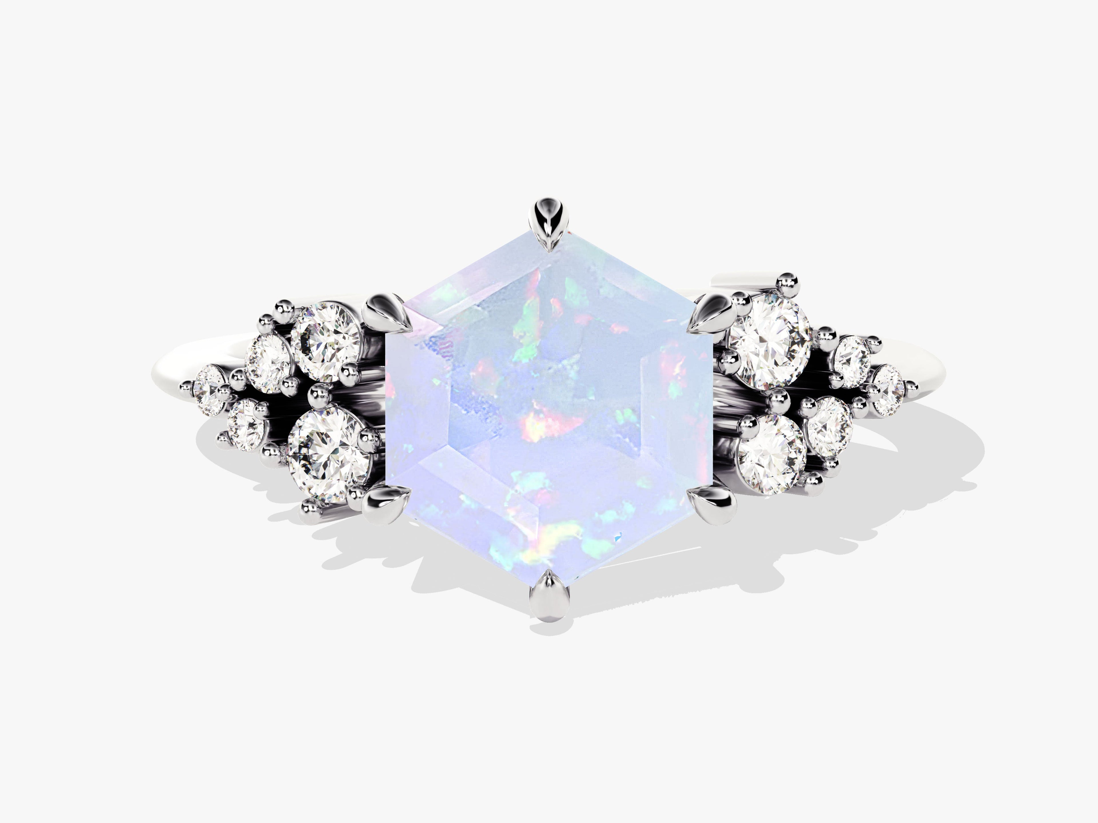 Hexagon Opal Engagement Ring with Moissanite Cluster