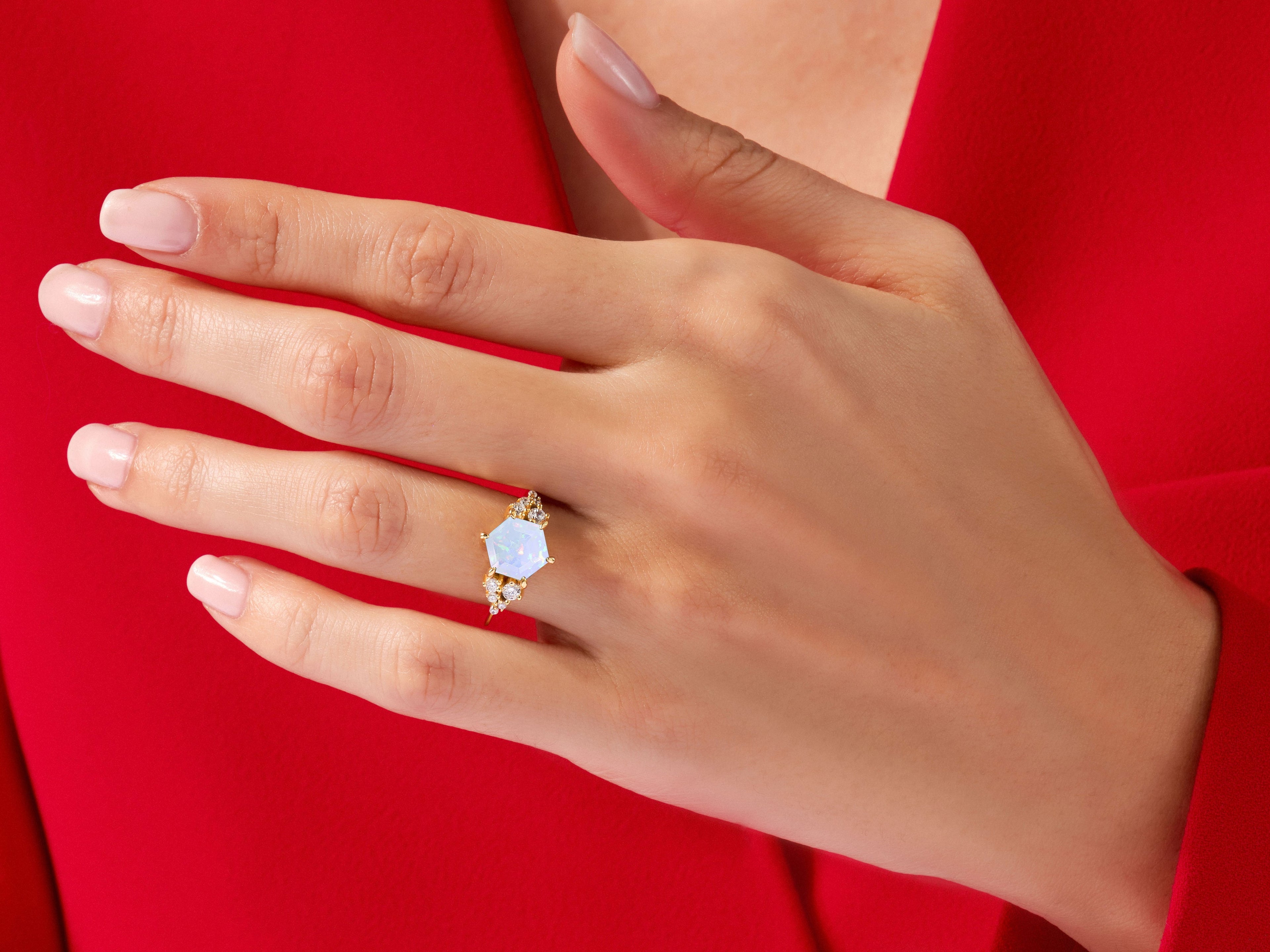 Hexagon Opal Engagement Ring with Moissanite Cluster