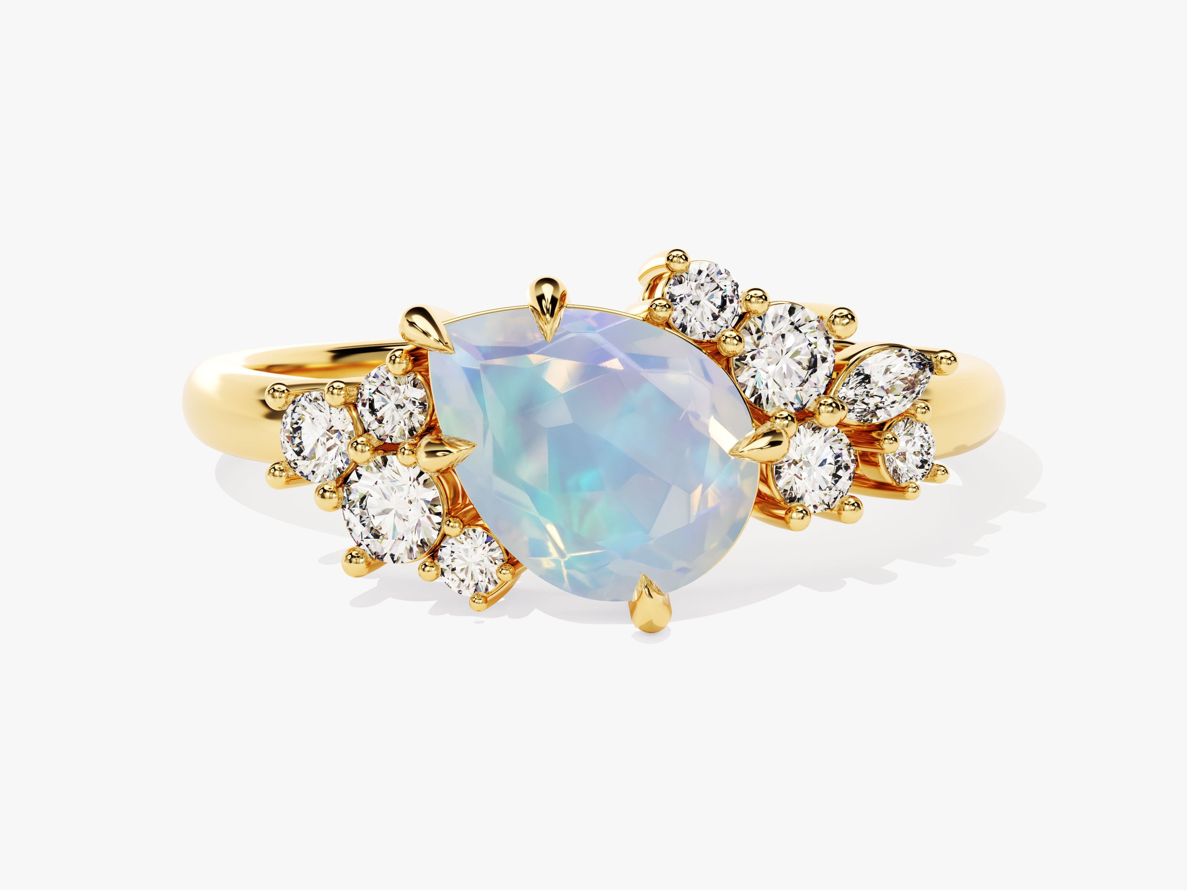 Pear Opal Engagement Ring with Round Moissanite Cluster