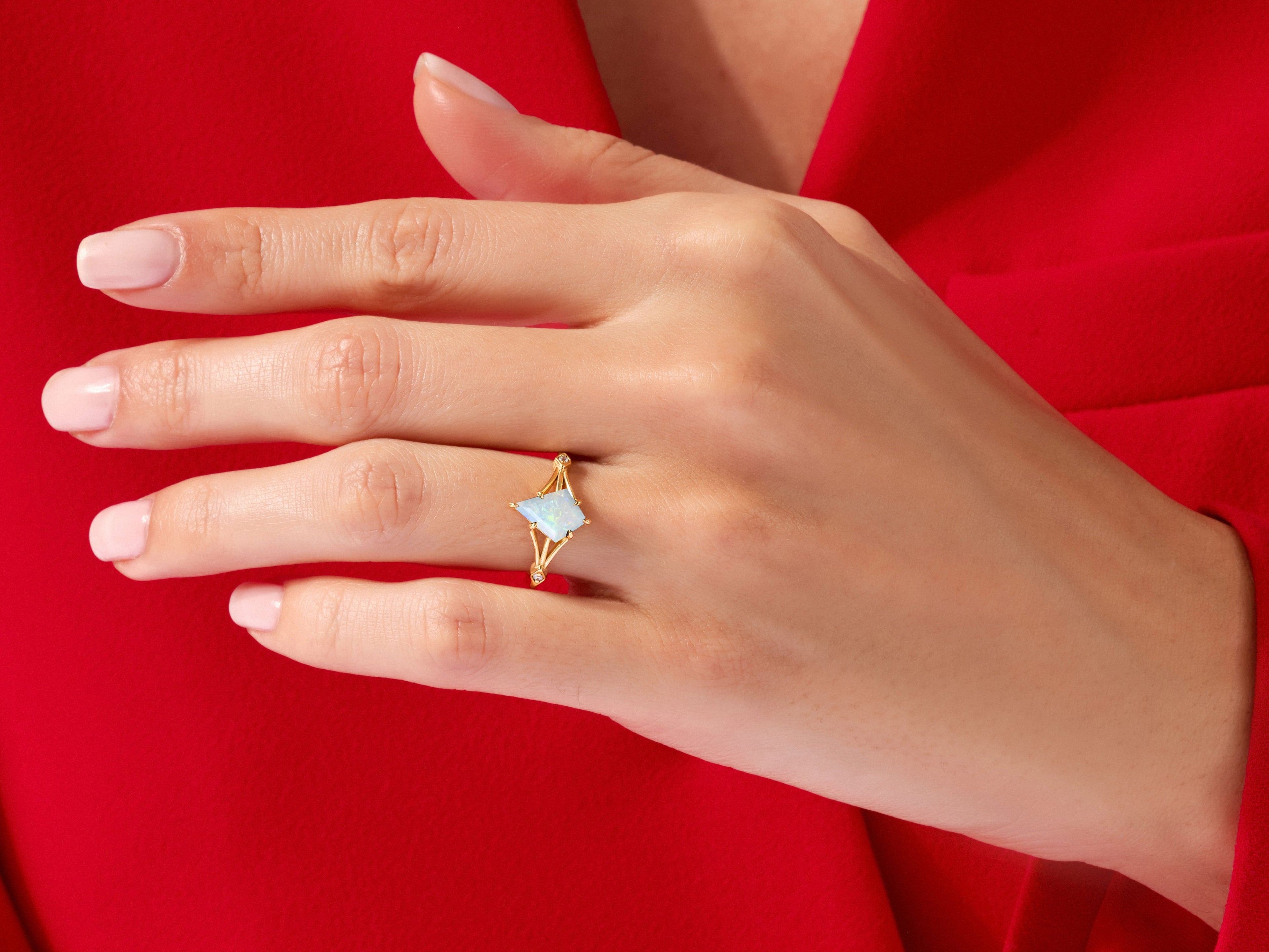 Kite Opal Split Shank Engagement Ring with Moissanite Accents