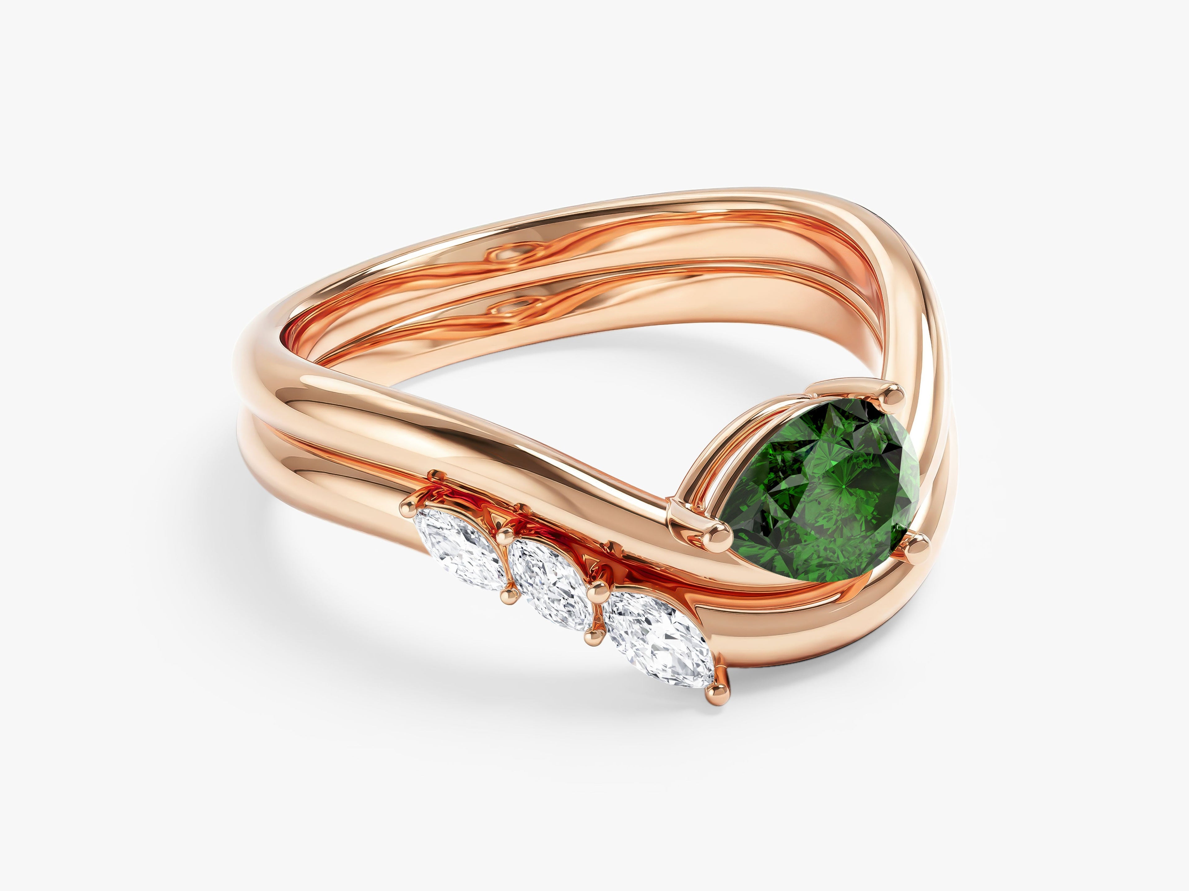 Curved Birthstone Ring with Marquise Sidestones