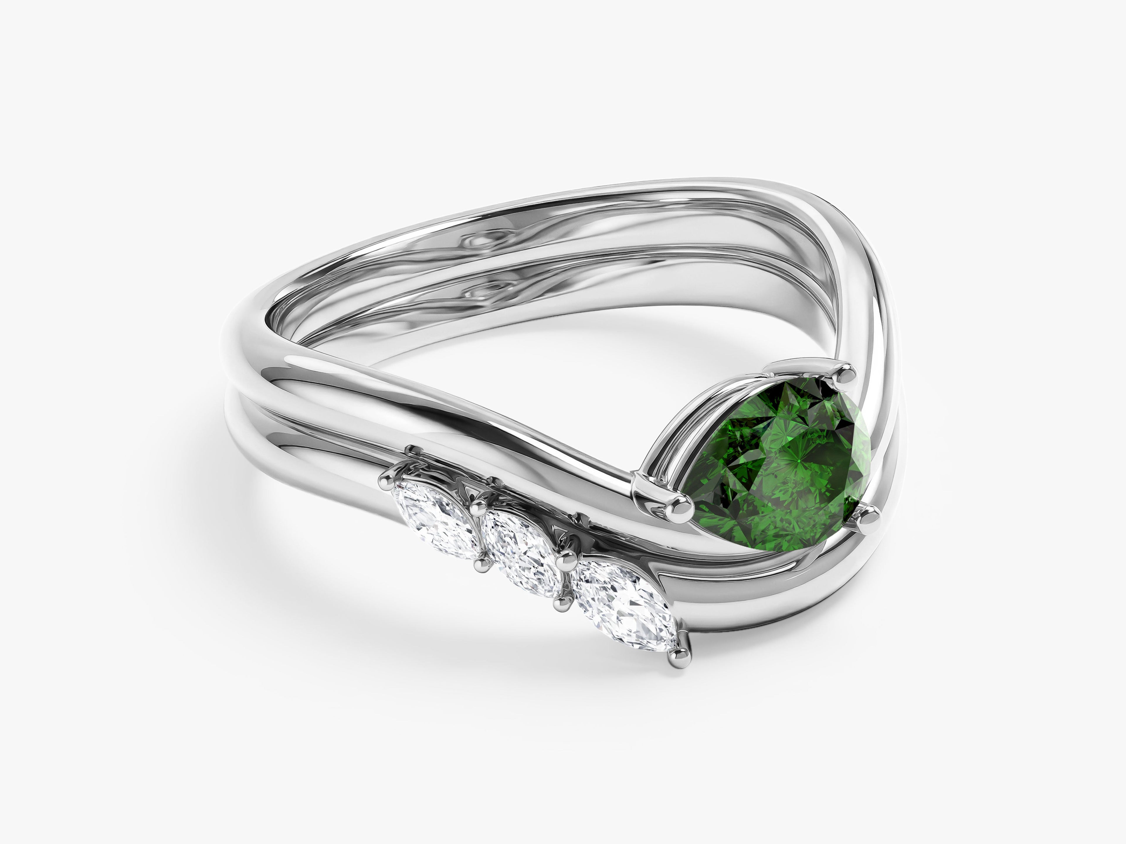 Curved Birthstone Ring with Marquise Sidestones