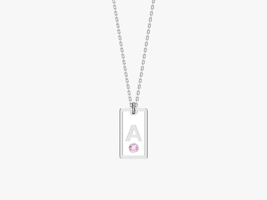 White Enamel Initial Necklace with Birthstone