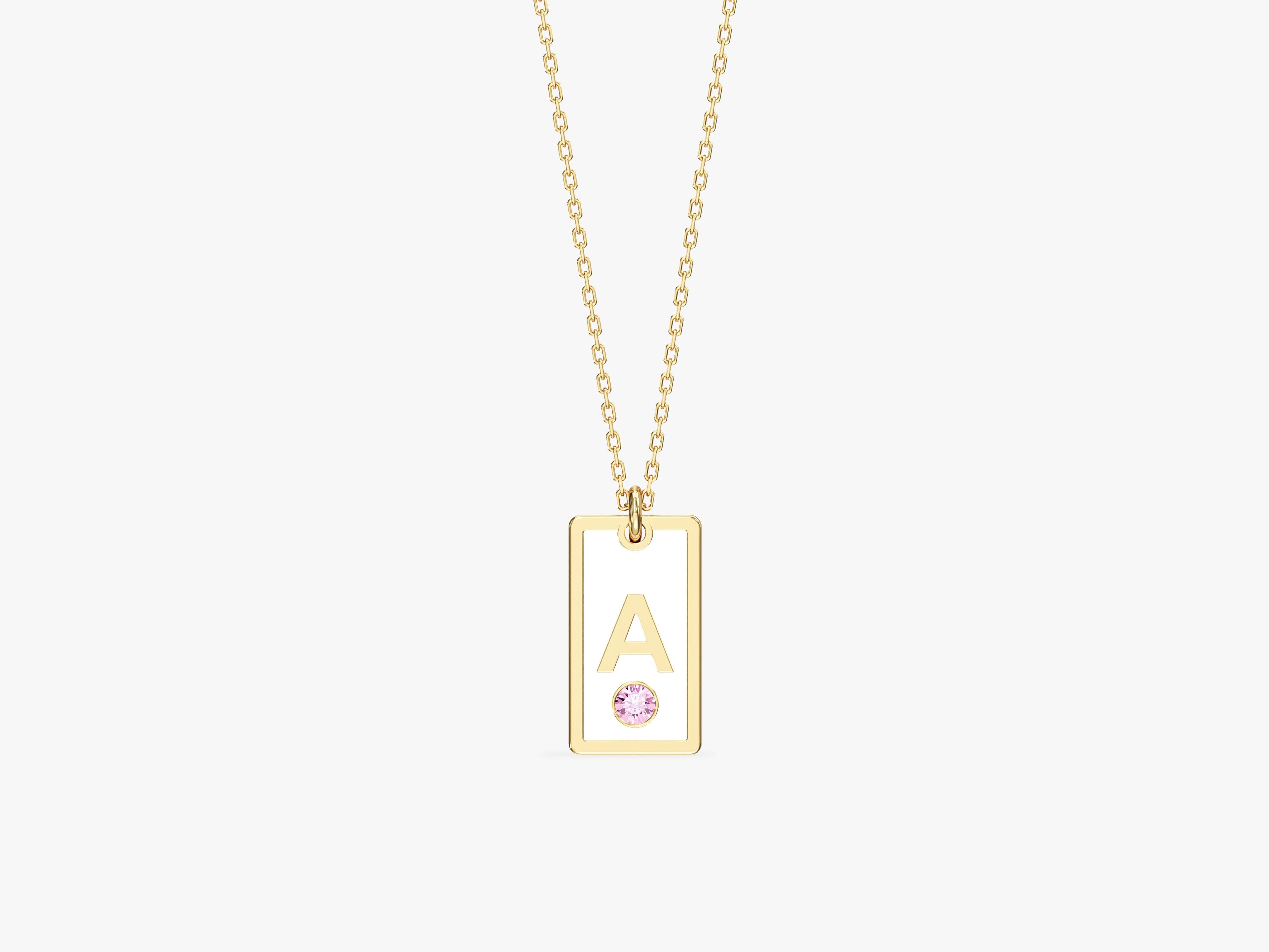 White Enamel Initial Necklace with Birthstone