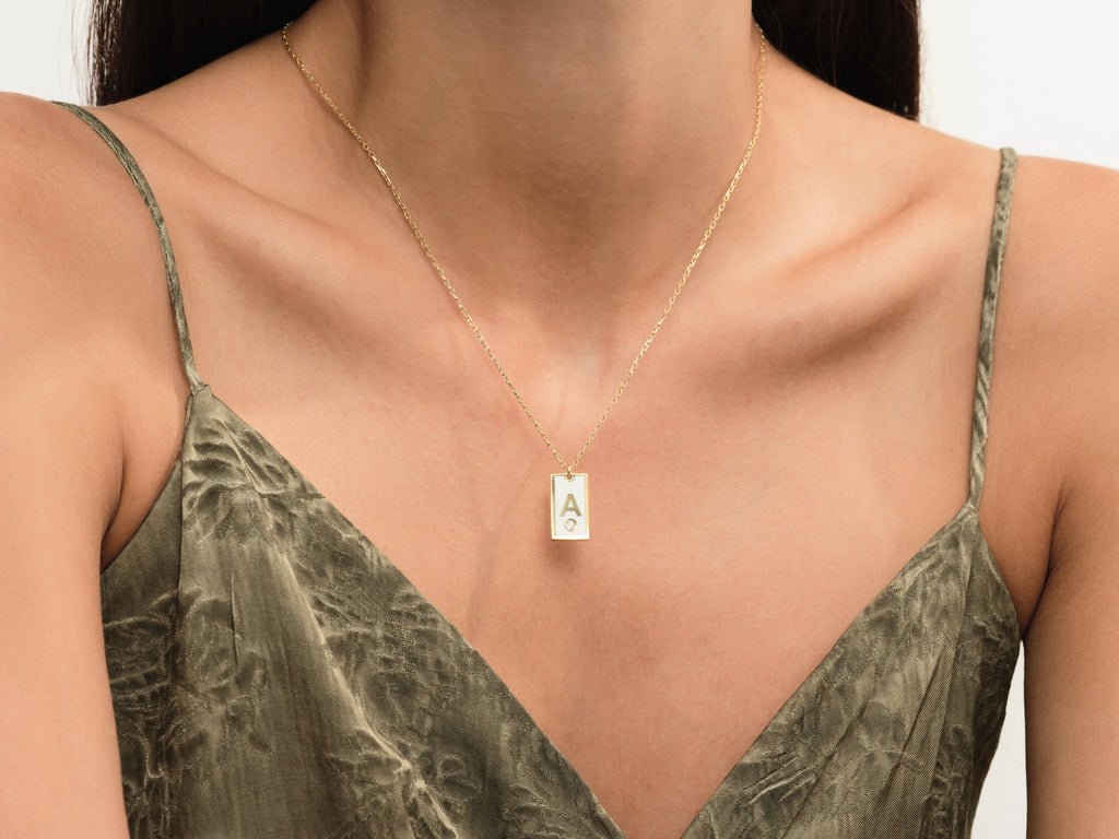 White Enamel Initial Necklace with Birthstone
