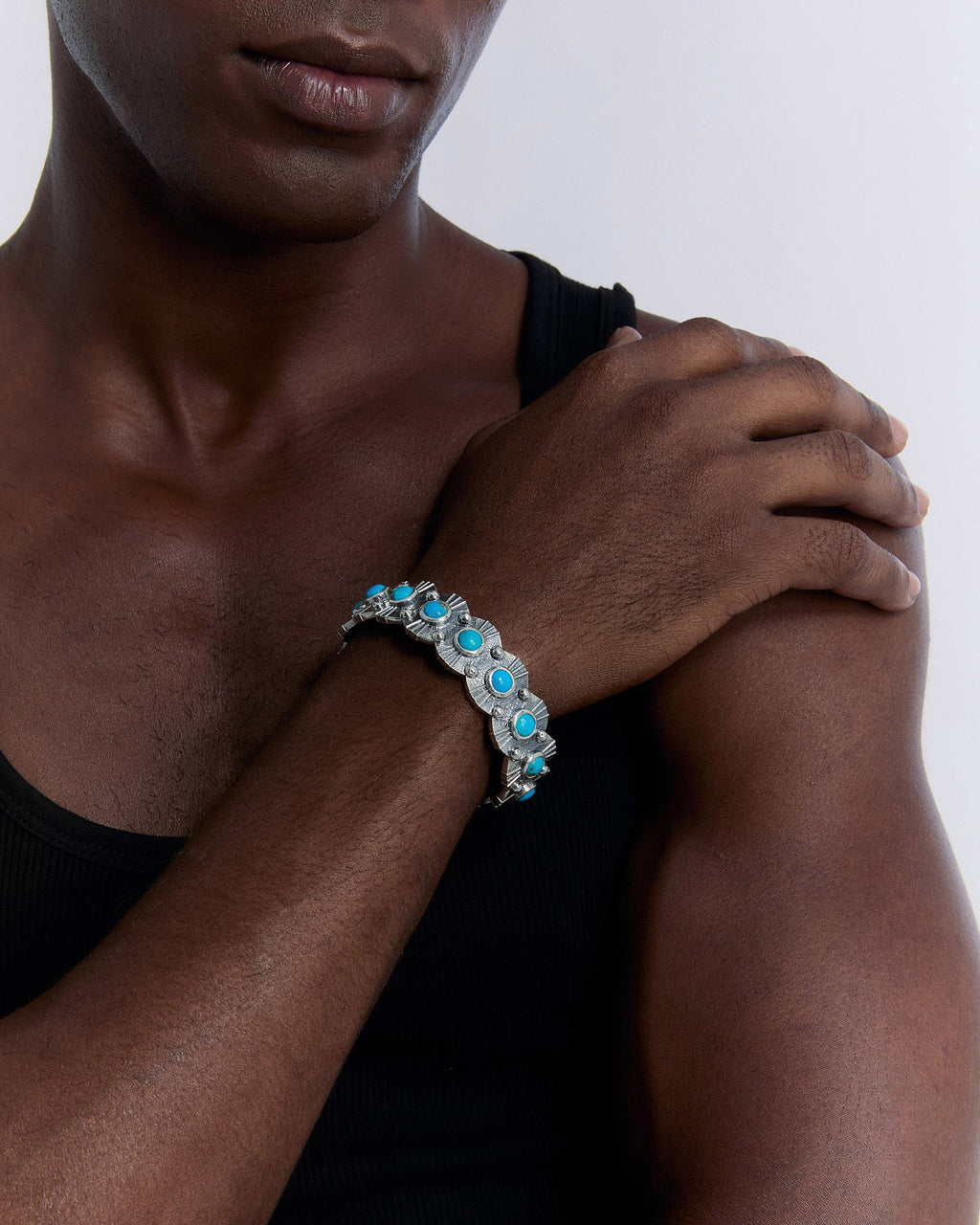 Round Turquoise Stone Cuff Bracelet - 925k Sterling Silver