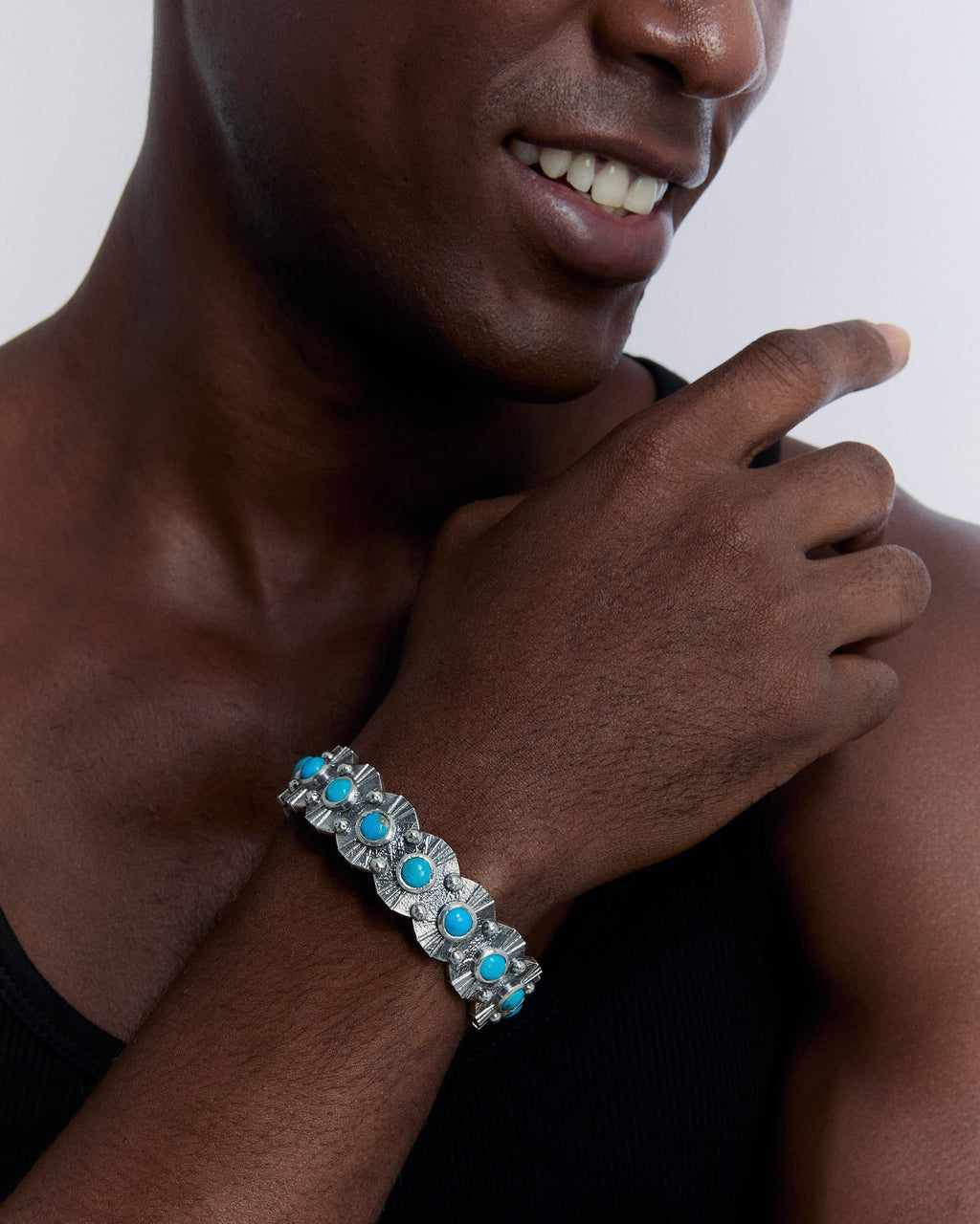 Round Turquoise Stone Cuff Bracelet - 925k Sterling Silver