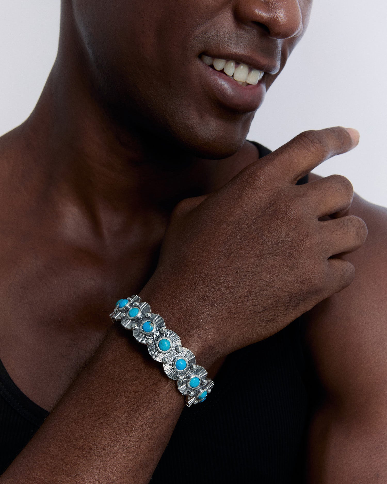 Round Turquoise Stone Cuff Bracelet - 925k Sterling Silver