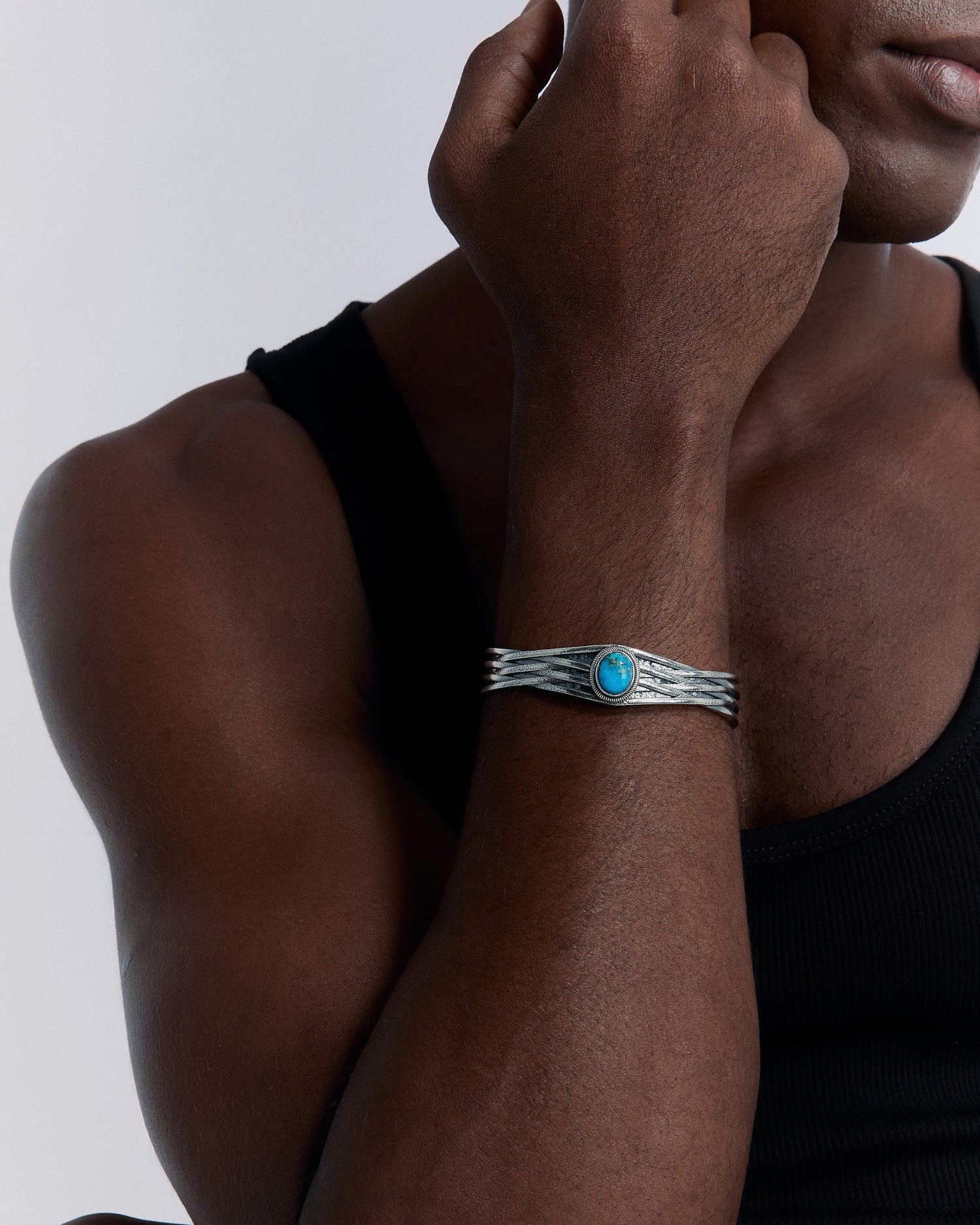 Handmade Embroidered Turquoise Stone Cuff Bracelet | Unique Artisan Jewelry - 925k Sterling Silver