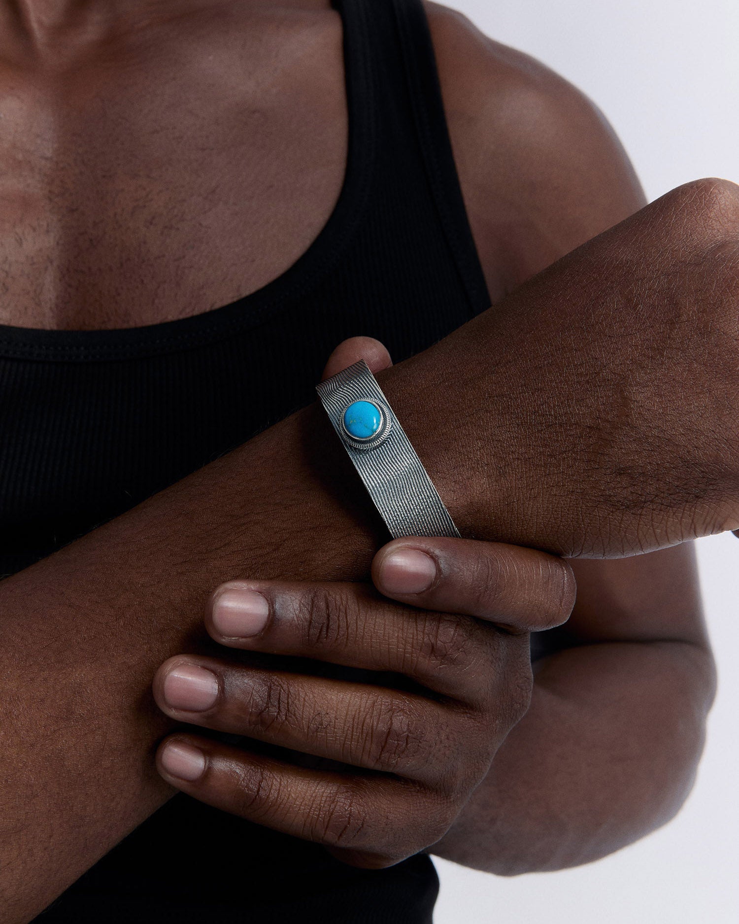 Silver Band Cuff Bracelet with Turquoise Stone Detail - 925k Sterling Silver