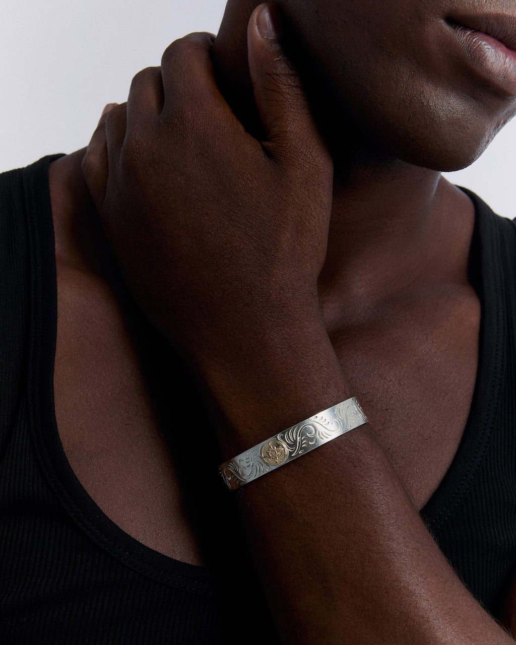 Engraved Silver Cuff Bracelet with Sun Emblem - 925k Sterling Silver