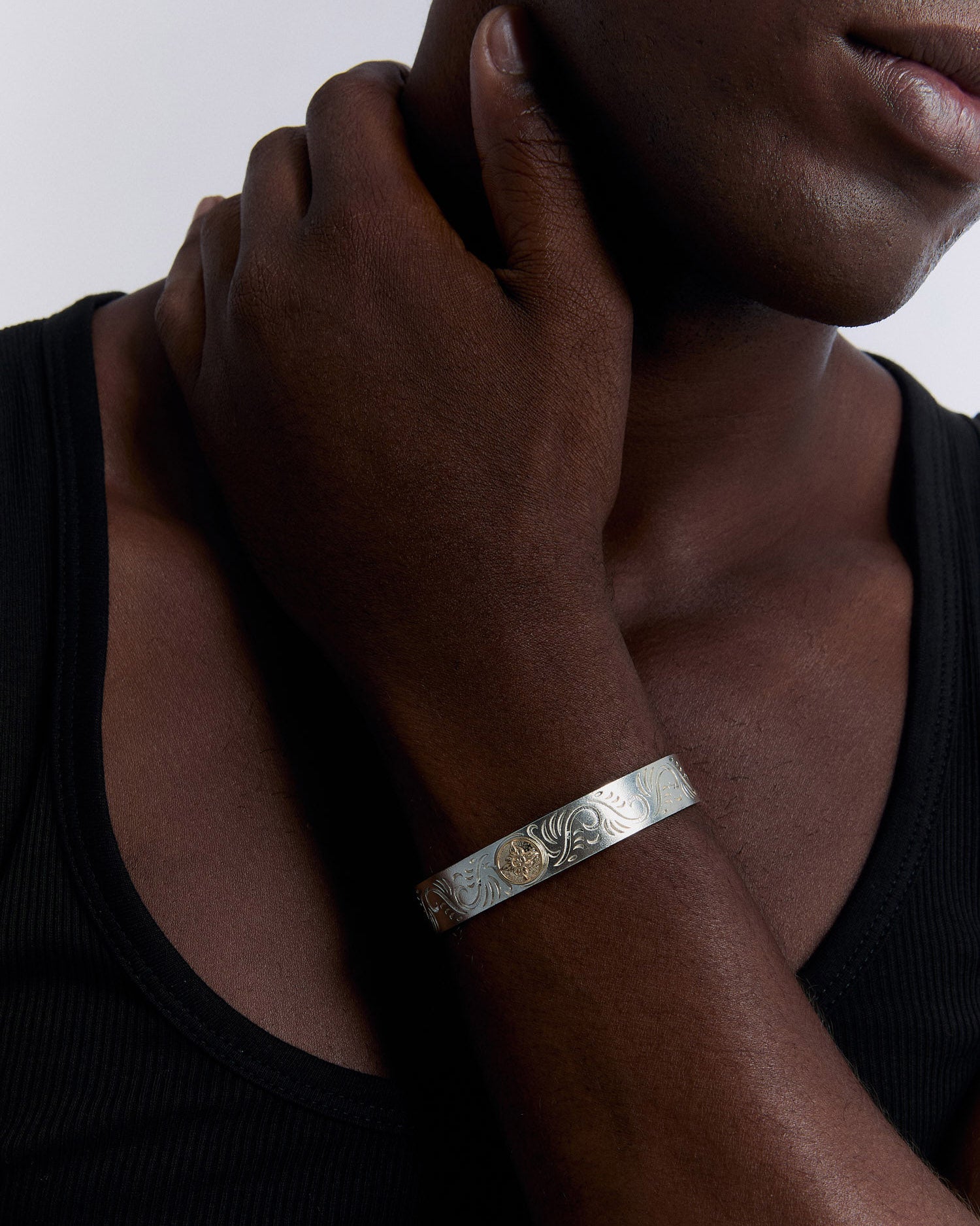 Engraved Silver Cuff Bracelet with Sun Emblem - 925k Sterling Silver