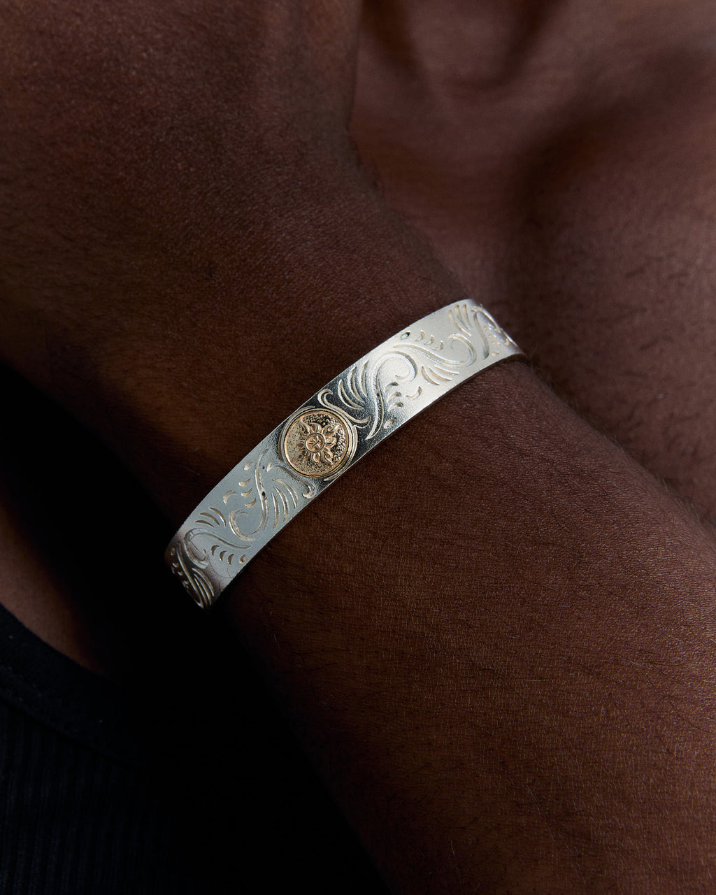 Engraved Silver Cuff Bracelet with Sun Emblem - 925k Sterling Silver