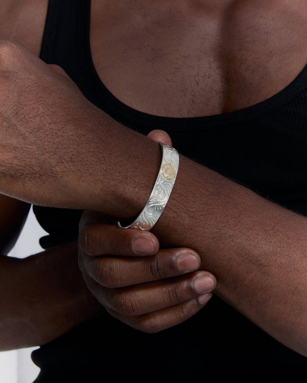Engraved Silver Cuff Bracelet with Sun Emblem - 925k Sterling Silver