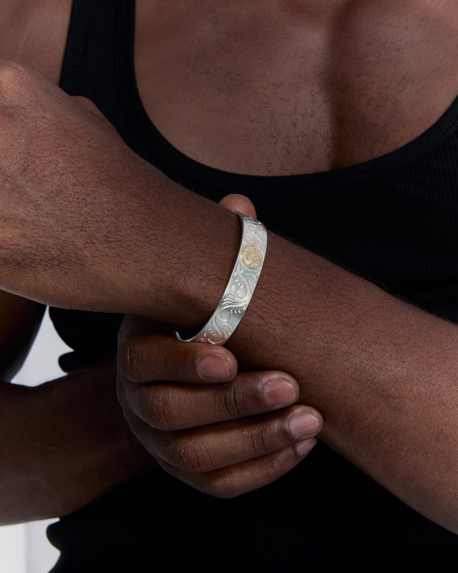 Engraved Silver Cuff Bracelet with Sun Emblem - 925k Sterling Silver