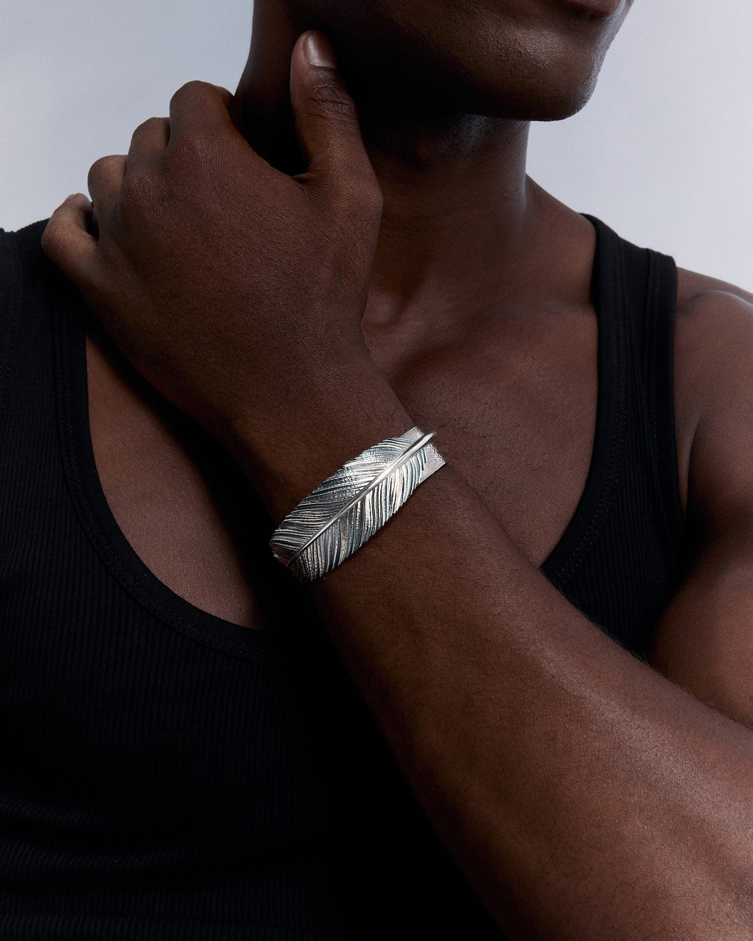 Feather Leaf Design Silver Men's Cuff Bracelet - 925k Sterling Silver