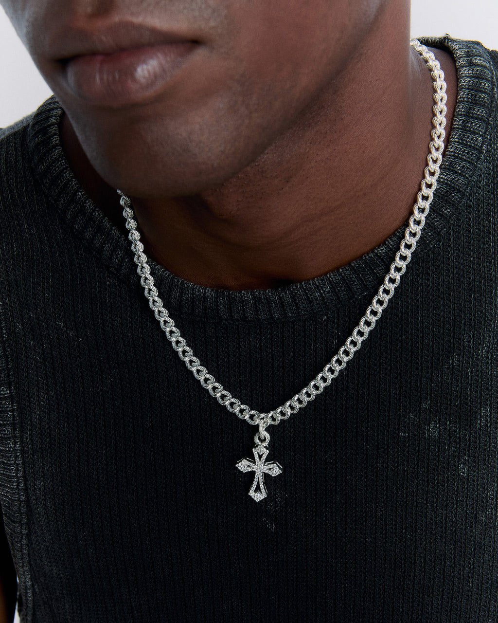 Bold Flat Chain Necklace with Gemstone Cross Pendant - 925k Sterling Silver