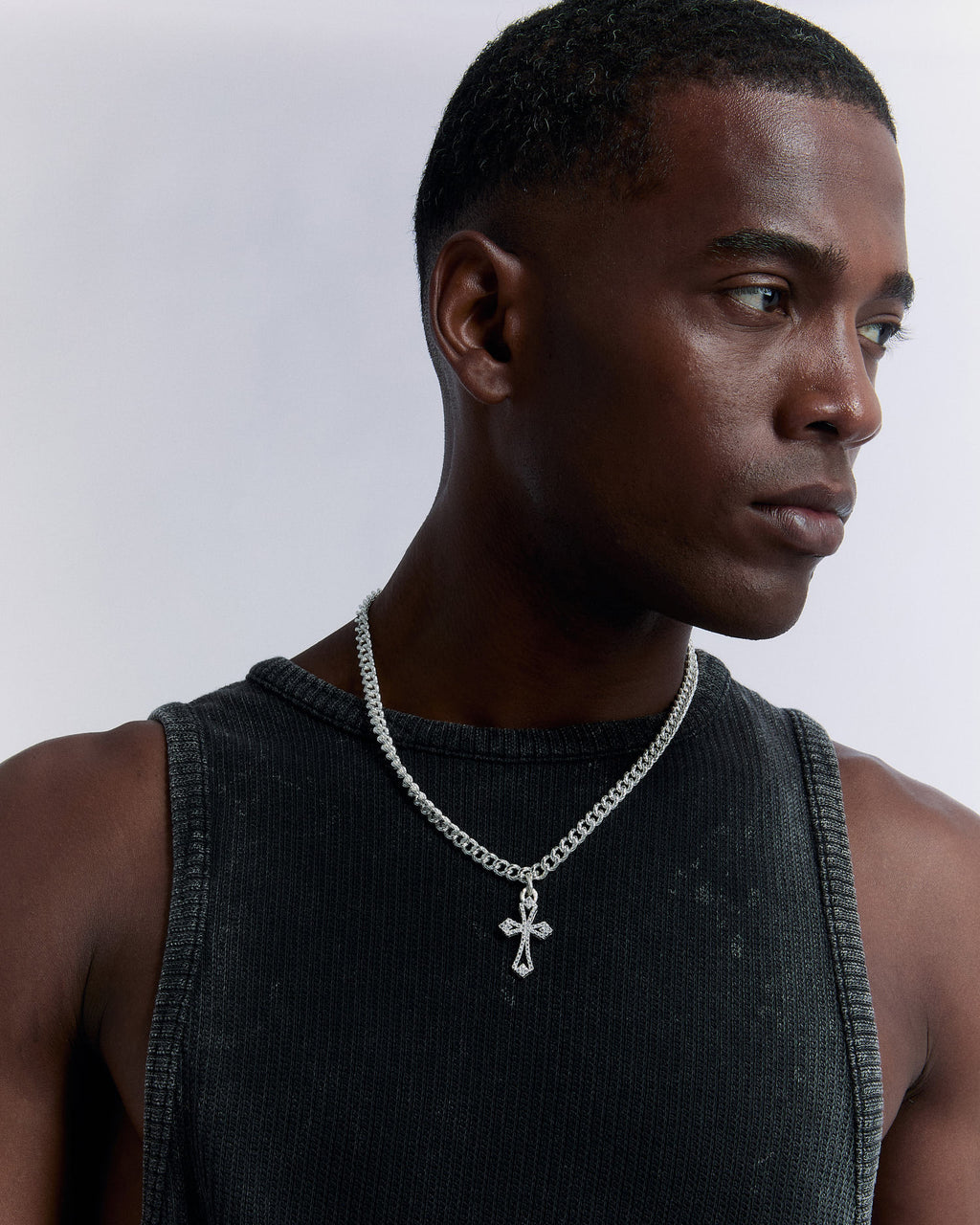 Bold Flat Chain Necklace with Gemstone Cross Pendant - 925k Sterling Silver